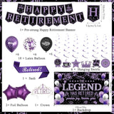 Retirement Party Decorations Women, Black And Purple Happy Retirement Banner Backdrop Balloons Hanging Swirls For Coworker, Lengend Has Retired Sash & Crown, Office Retired Background