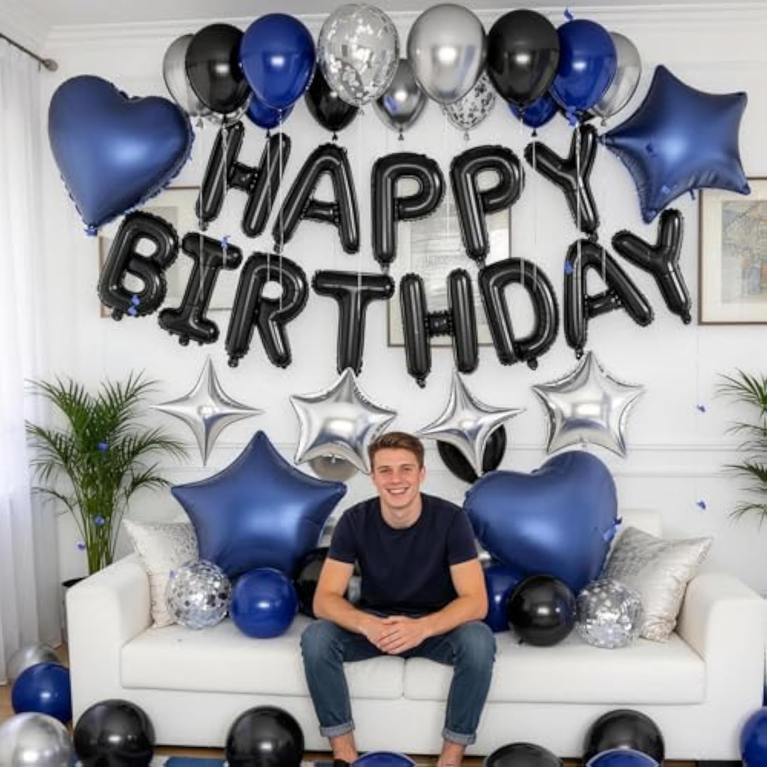 Navy Blue And Black Birthday Decorations For Men Black Pearl Royal Blue Silver Metallic Balloons Confetti Balloon Happy Birthday Banner Heart Balloons 18/10 Inch Star Balloon For Bday Party Supplies