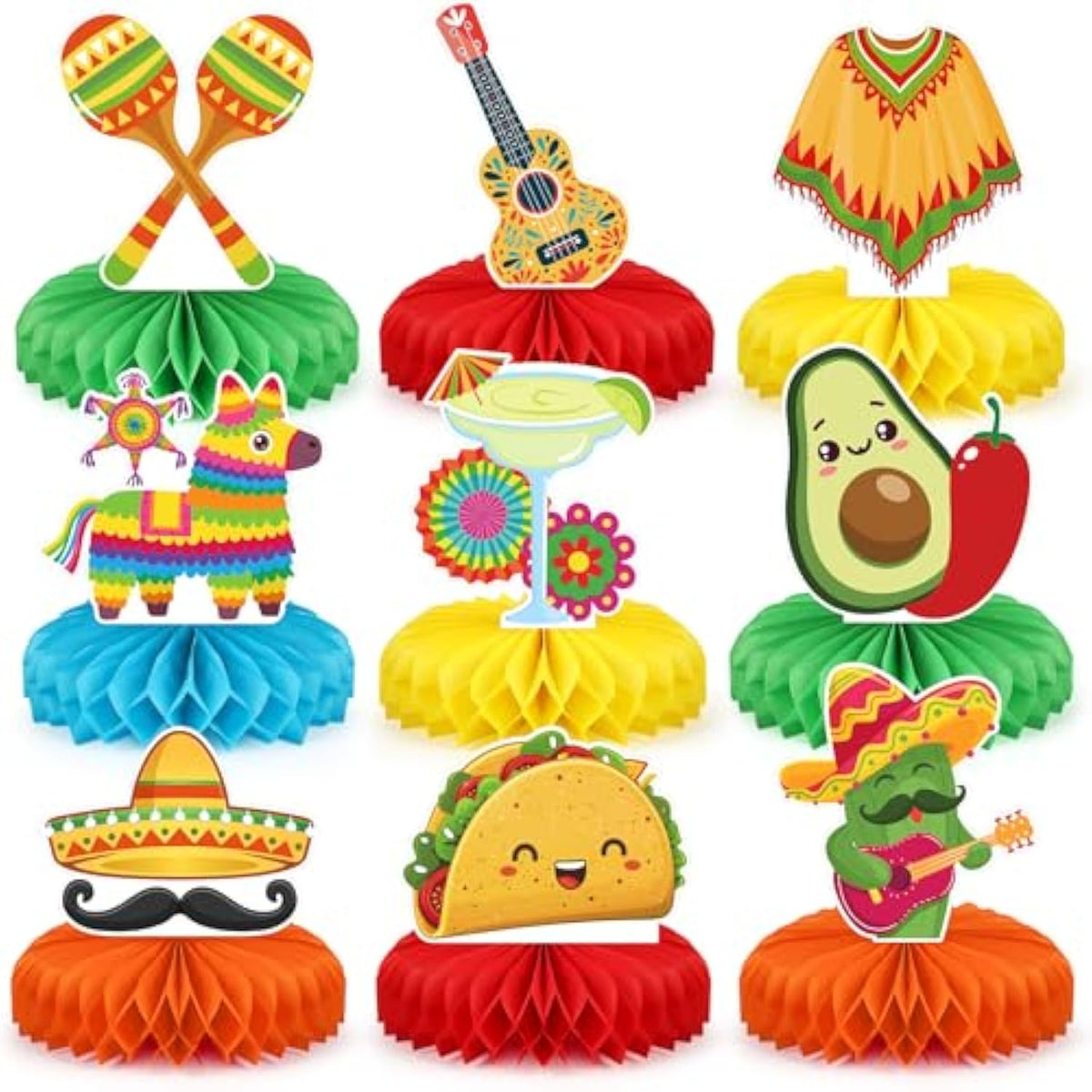 9Pcs Fiesta Party Decorations Mexican Party Honeycomb Table Centerpiece Cinco De Mayo Party Table Decoration Honeycomb For Taco Party Mexican Themed Party Birthday Day Of The Dead Supplies