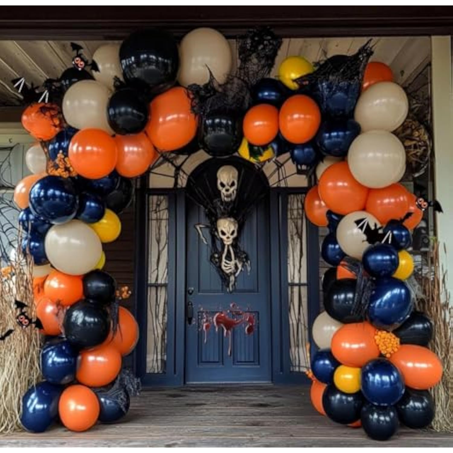 Halloween Balloon Arch Kit: Double Stuffed Blue, Orange, Black & Cream