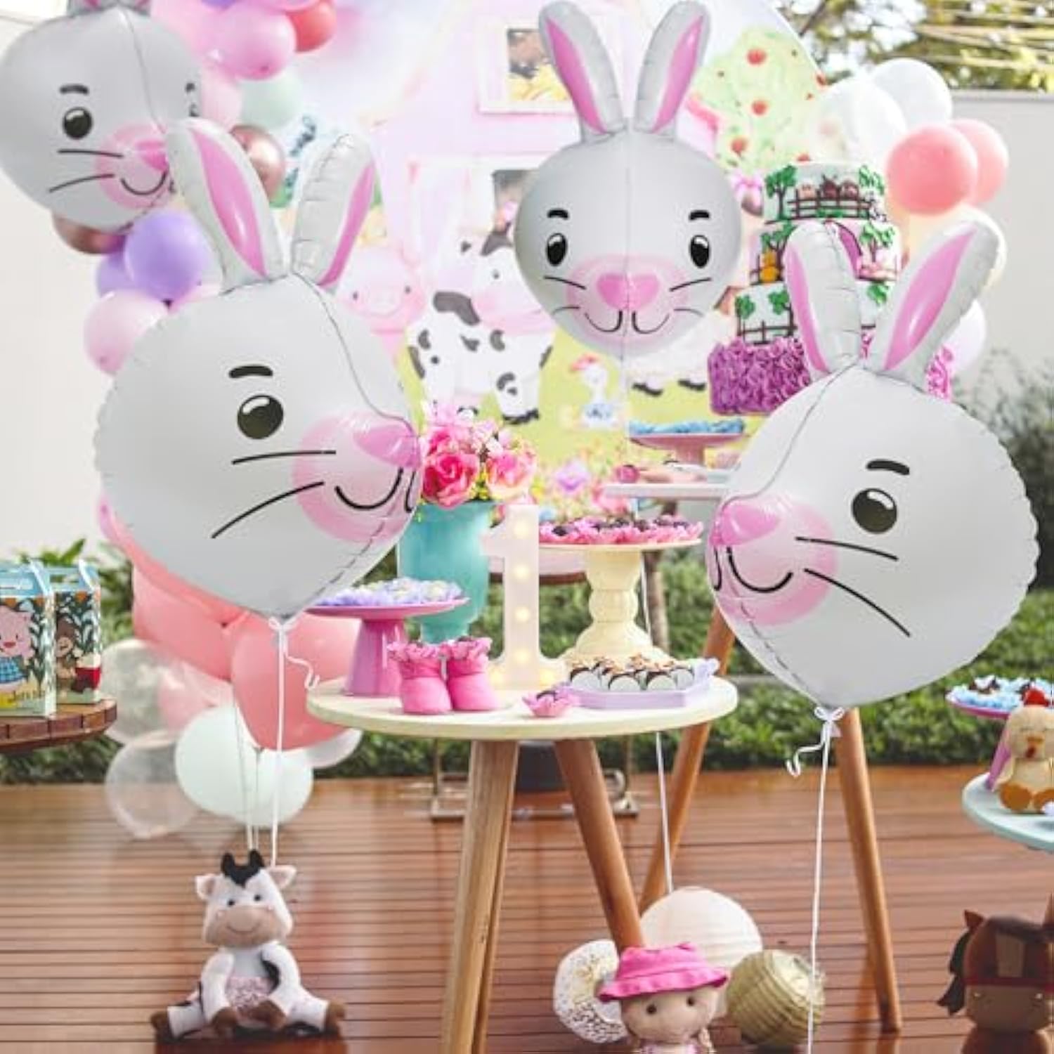 4D Cartoon Animal Farm Bunny Balloon Cute Pet Bunny Party Supplies Birthday Decorations, 4 Pack Easter Rabbit Head Foil Mylar Balloons Happy Easter Mylar Balloons Woodland Animal Supplies