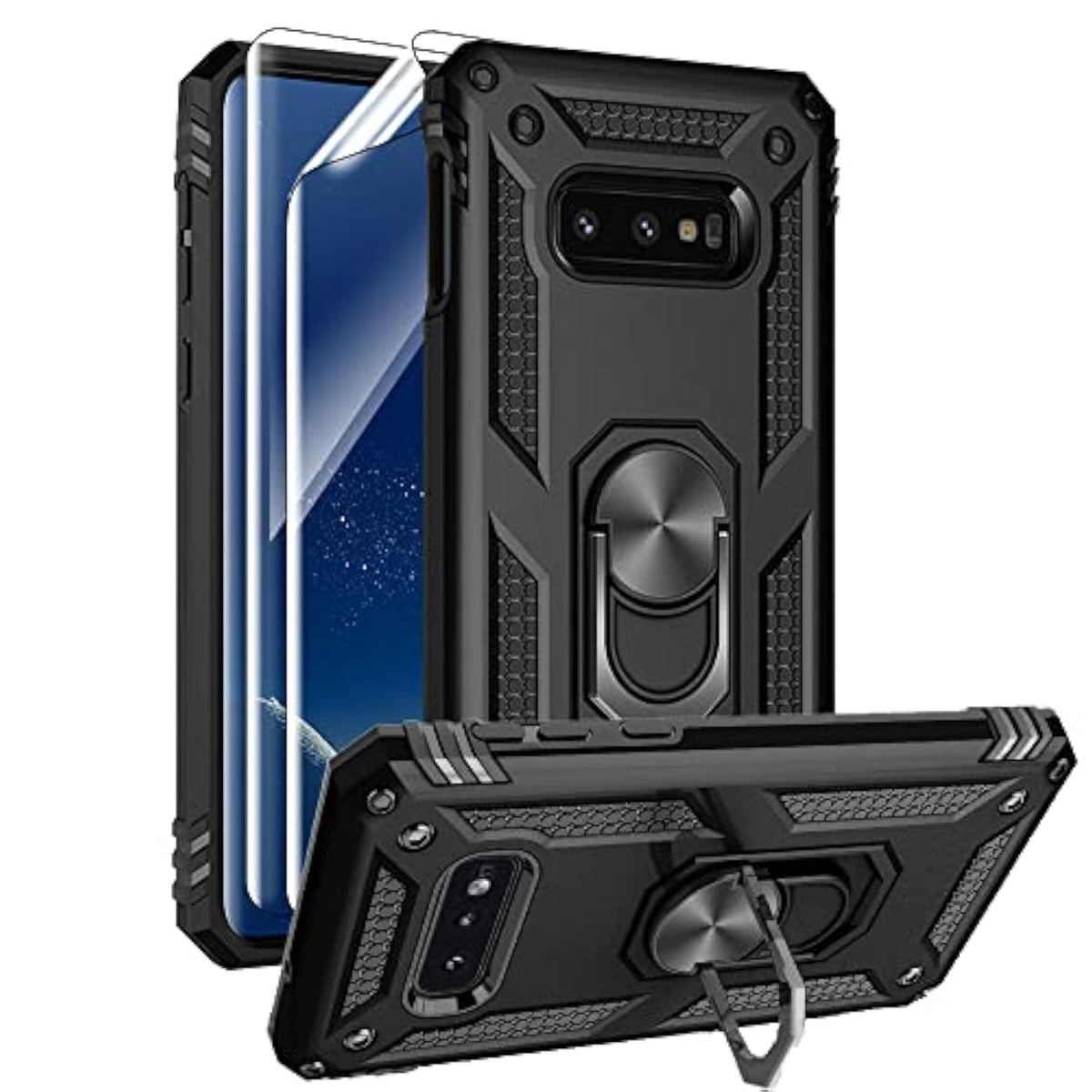Galaxy S10E Case with Screen Protector, Metal Ring Kickstand Black