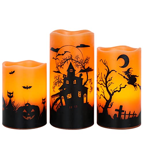 Halloween Flickering Flameless Candles with 6 Hour Timer, Battery Operated LED Real Wax Candles Set of 3 Halloween Home Decoration Gifts(3 x 4 5 6 Inch)