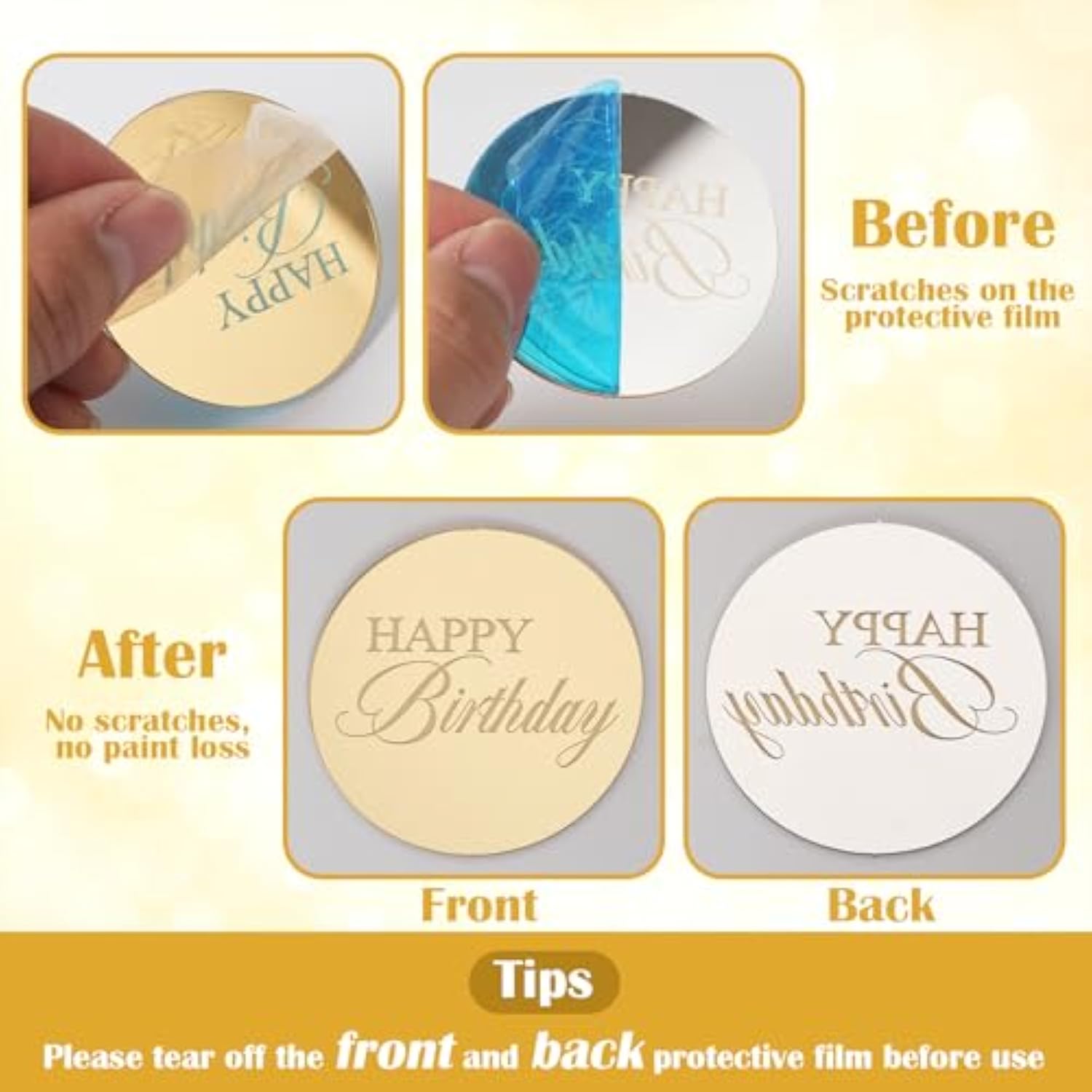 20Pcs Gold Mirror Acrylic Cupcake Toppers Acrylic Engraved Cake Picks Cupcake Disc Happy Birthday Cake Decoration Circle Round Shape Diy Party Supplies