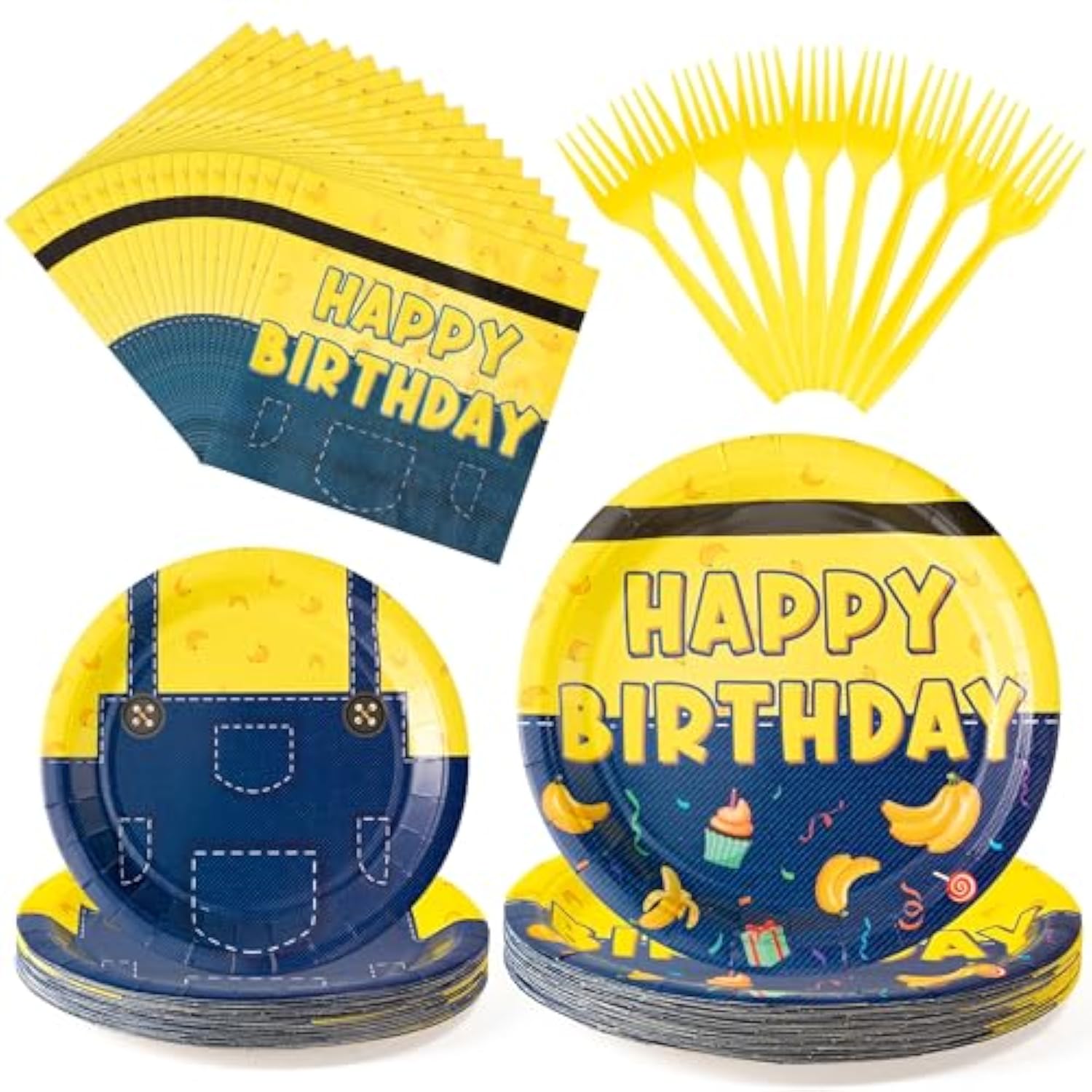 96Pcs Happy Birthday Yellow Theme Party Tableware Set Cartoon Party Supplies For Kids Baby Shower Serves 24 Guests, Disposable Dinnerware Paper Dessert Dinner Plates Napkins Plastic Forks