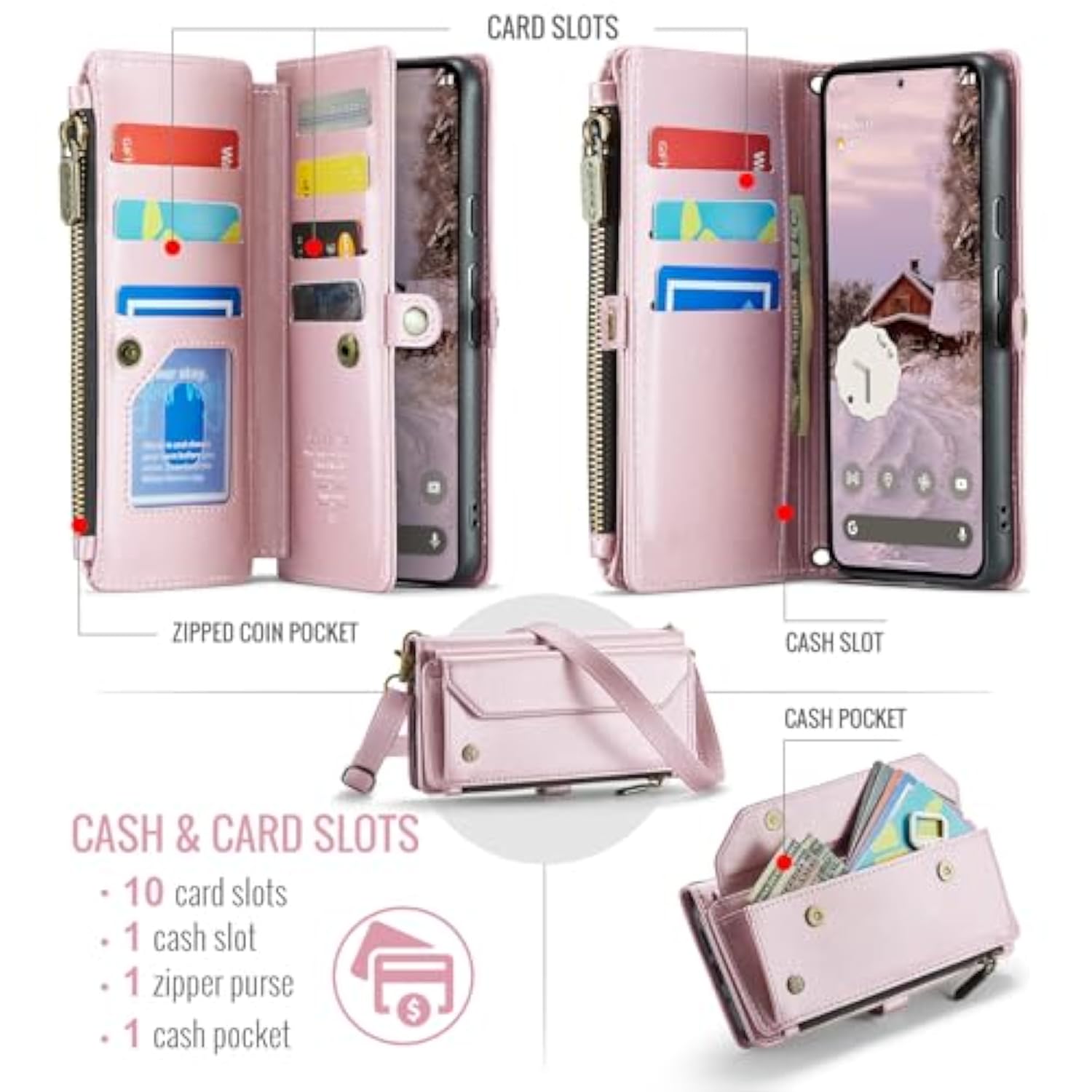 Pixel 9 Pro XL Wallet Case, RFID Blocking, Stand, Straps, Magnetic Closure - Pink