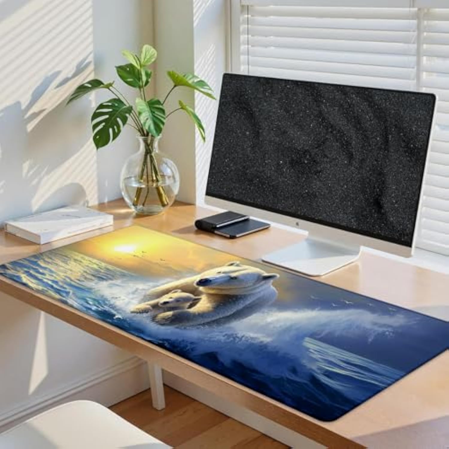 Polar Bear Gaming Mouse Pad, 31.5"×11.8" Extended Desktop Mouse Pads For Keyboard Laptop Computer, Sunset Cute Bears Large Desk Mat With Stitched Edges For Work Office Desk Decor