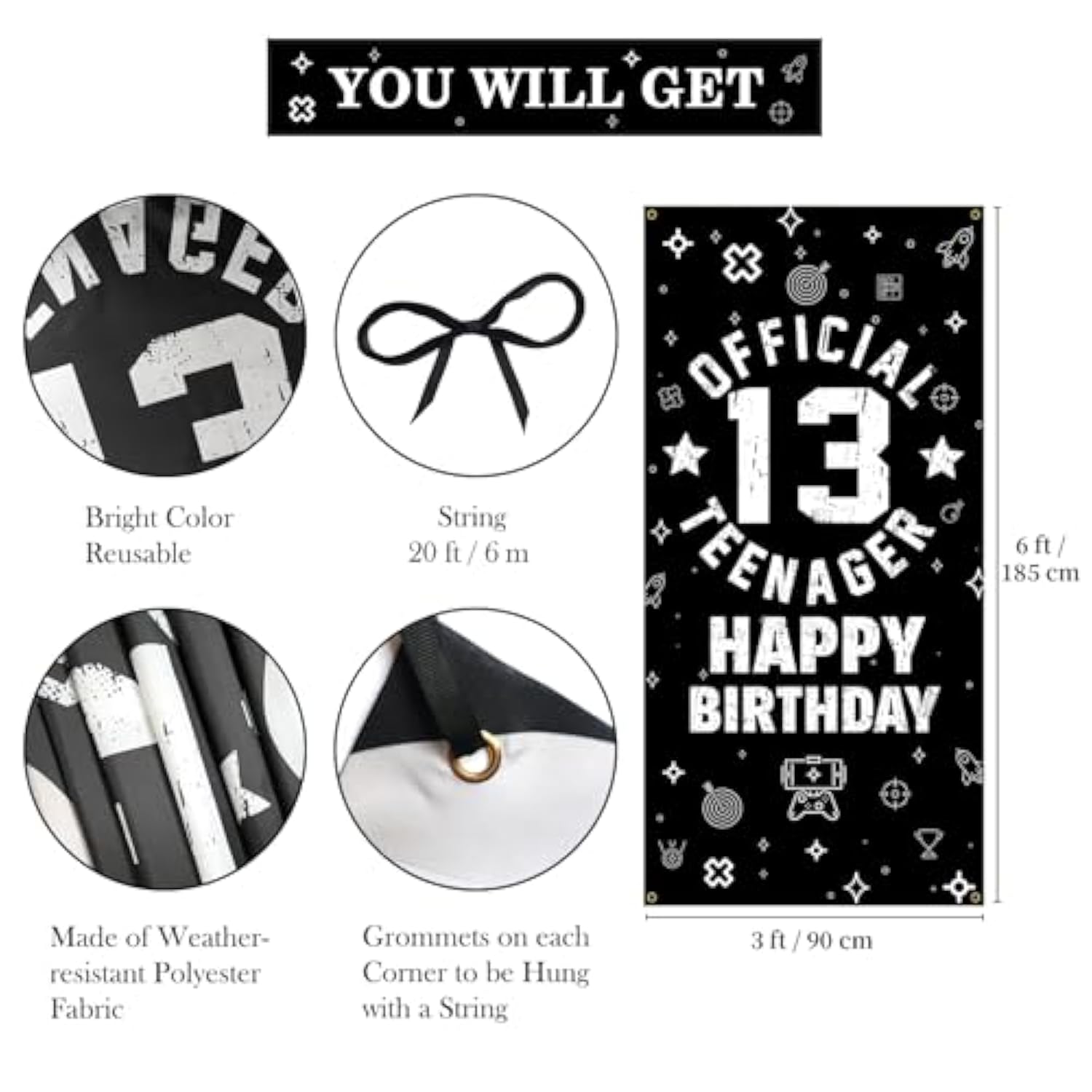 Official Teenager 13Th Birthday Decorations For Boys Girls - Fabric 13 Year Old Birthday Backdrop Banner, Yard Sign, Photo Props, Door Decor - Black White Birthday Party Supplies