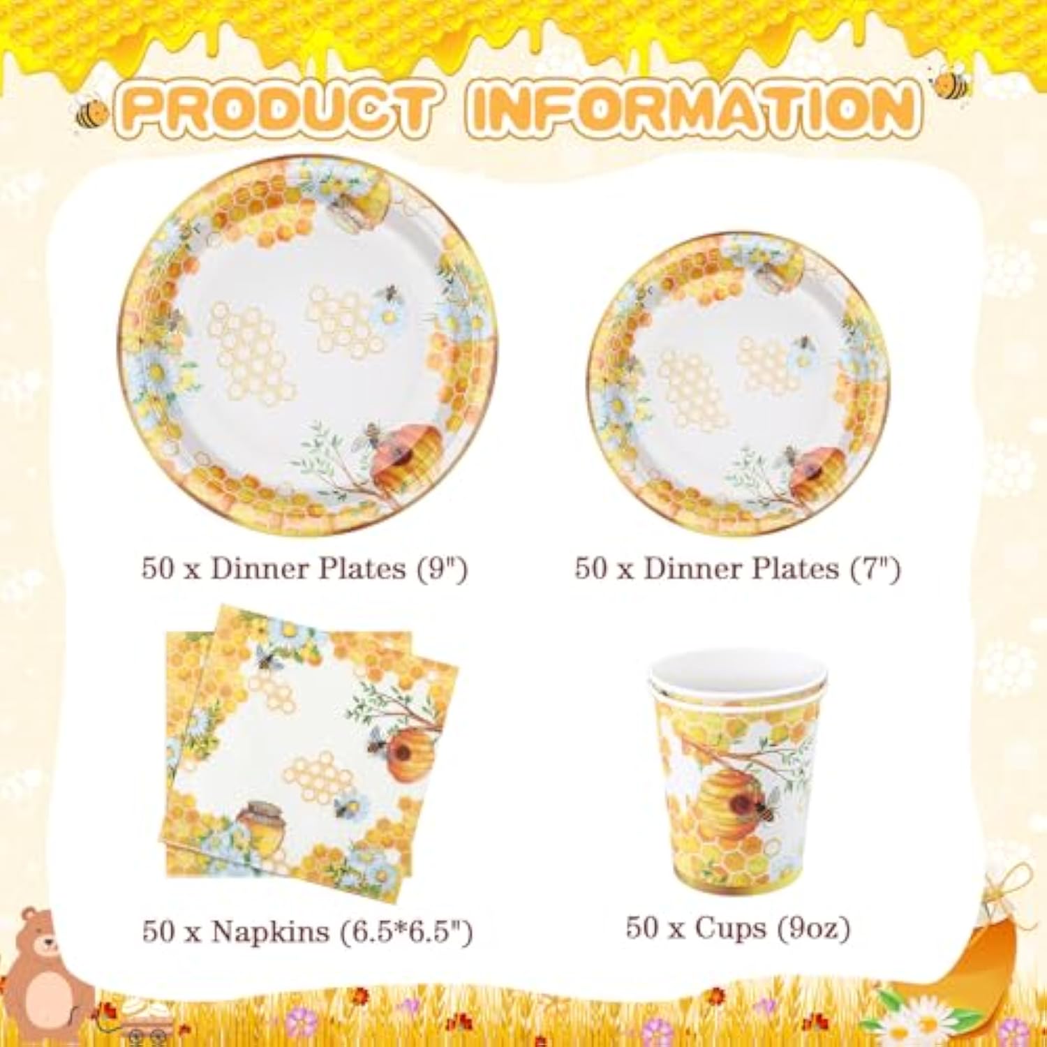 250 Pcs Bee Party Disposable Tableware Set Paper Plates And Napkins Cups Supplies Tea Party Theme Dinner Dinnerware For Birthday Bridal Baby Shower Wedding Decoration Serves 50