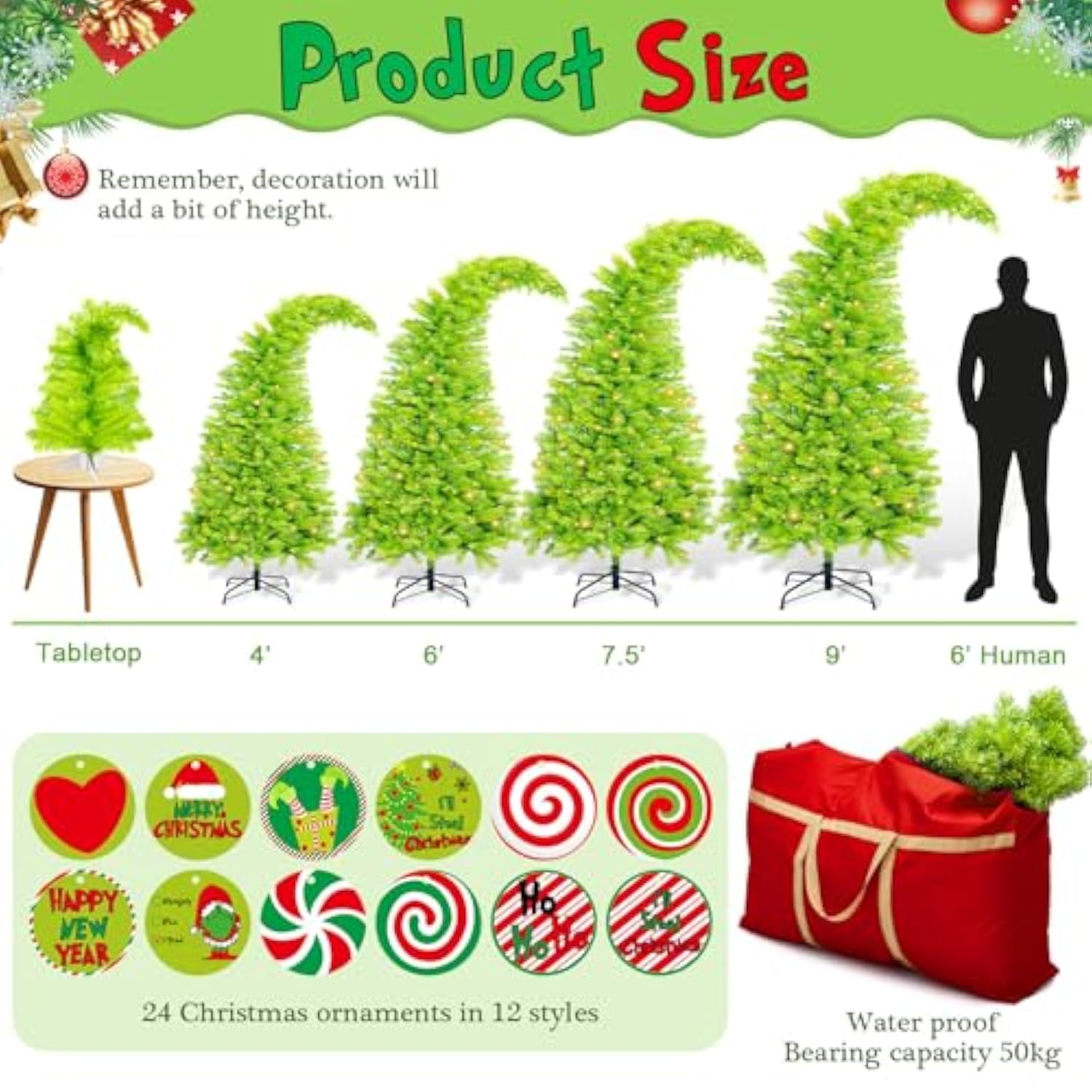 Bendable Christmas Tree Whimsical Christmas Pre-Lit Lime Green Stole Bent Top Artificial Xmas Tree Decorations With Led Lights Ornament Bag(7.5Ft)