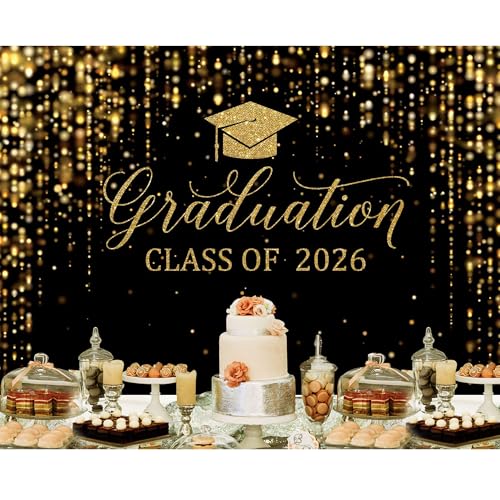 8x6ft Polyester Black Congrats Graduation Backdrop Class of 2026 Photography Background Gold Bachelor Cap Celebration Party Decorations Banner Picture Photo Booth