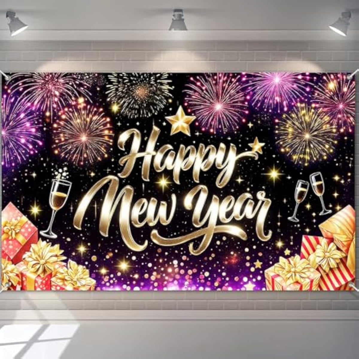 Happy New Year Backdrop 71x43in Gold Glitter Fireworks Party Banner