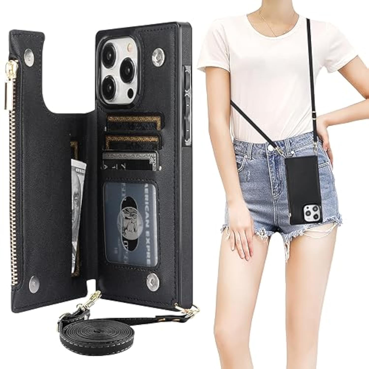 iPhone 15 Pro Max Crossbody Wallet Case RFID PU Leather Black 6.7in