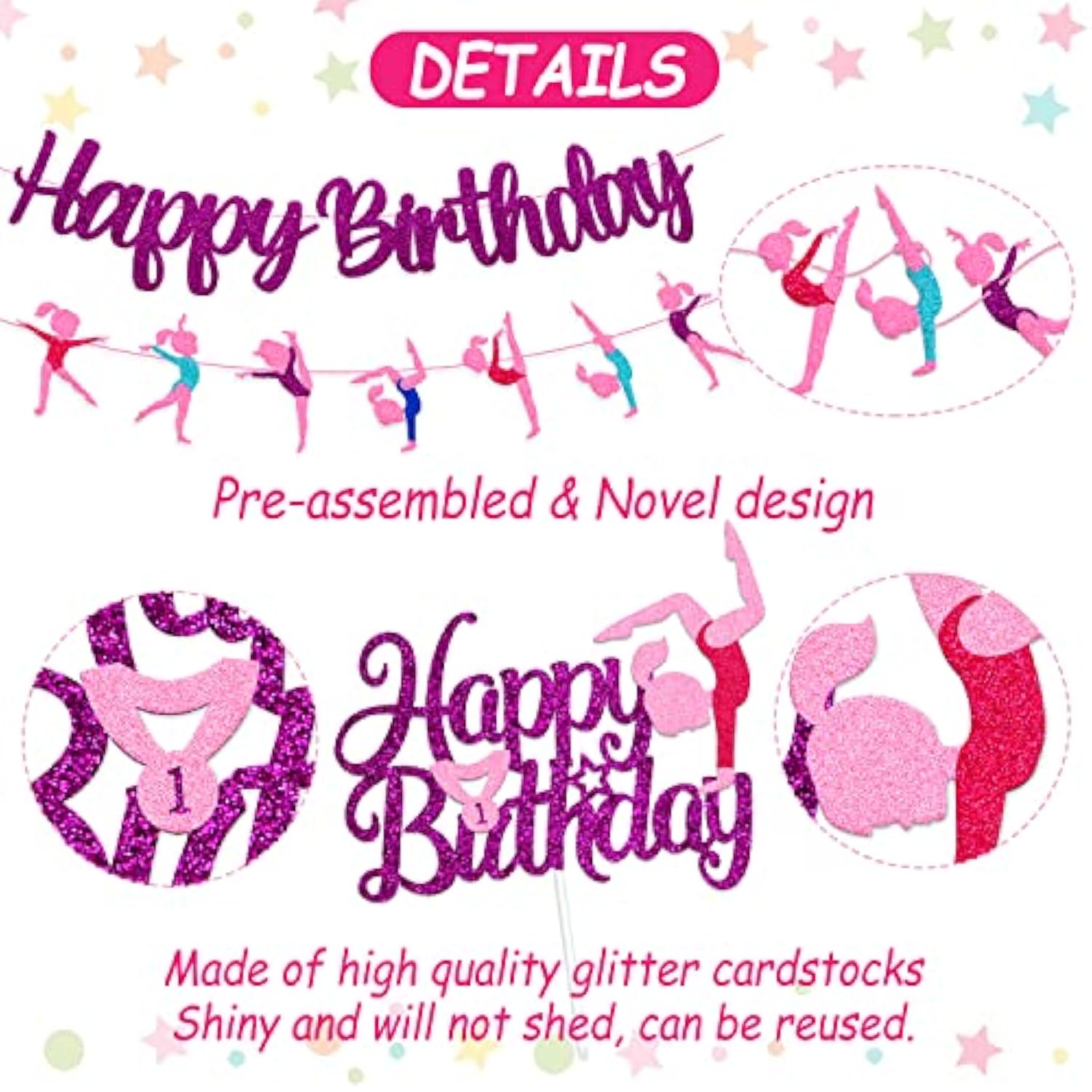 52 Pcs Gymnastics Birthday Decoration Set Gymnast Happy Birthday Banner Cake Topper 25 Cupcake Toppers Gymnastics Balloons For Girl Bday Glitter Party Supplies