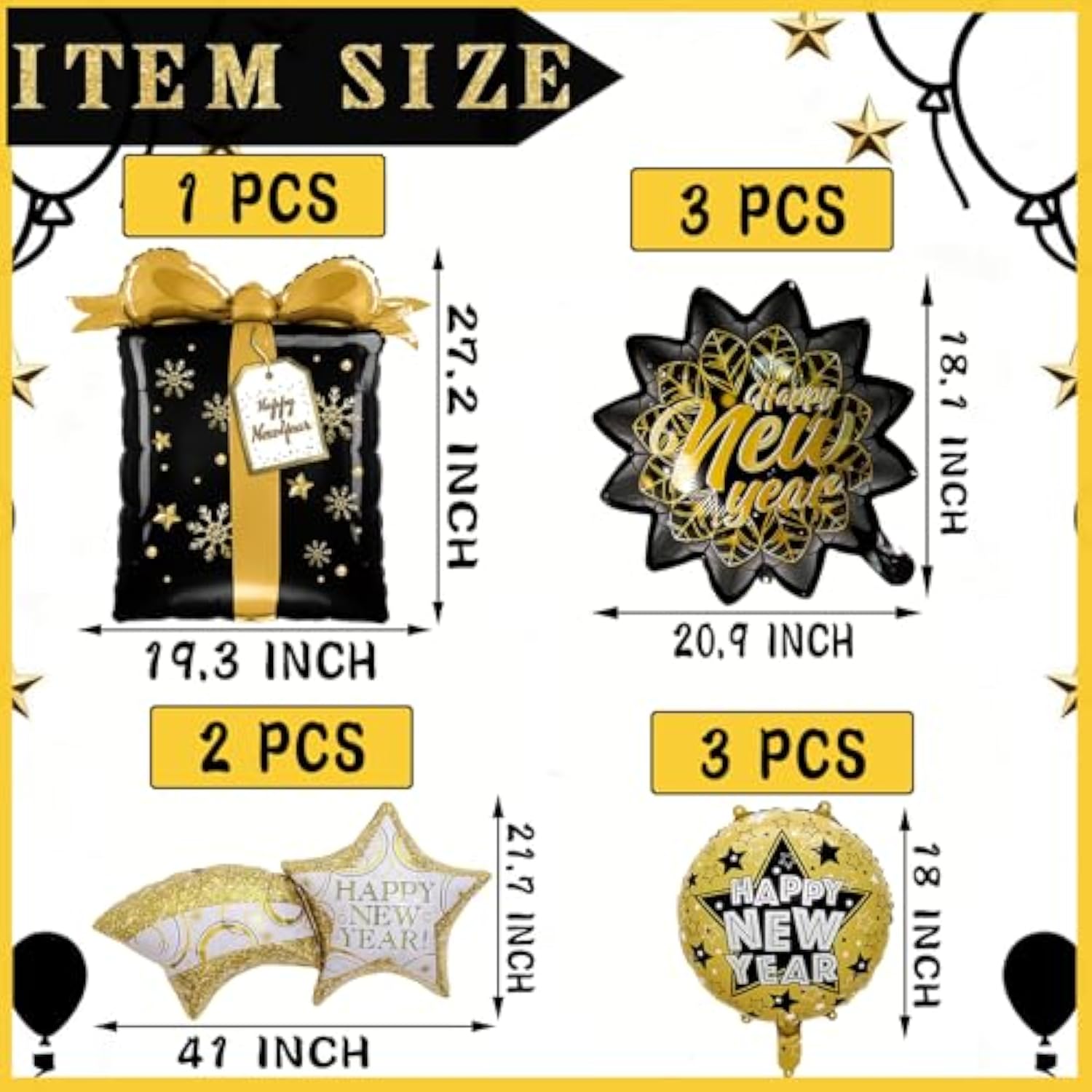 9pc Black Gold New Year 2026 Balloons Shooting Star Leaf Foil Decorations