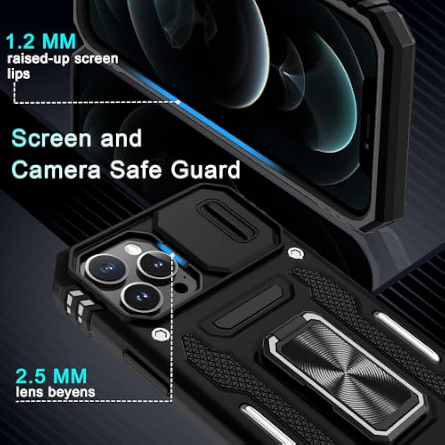 iPhone 13 Pro Max Case with Slide Camera Cover Ring Kickstand Black
