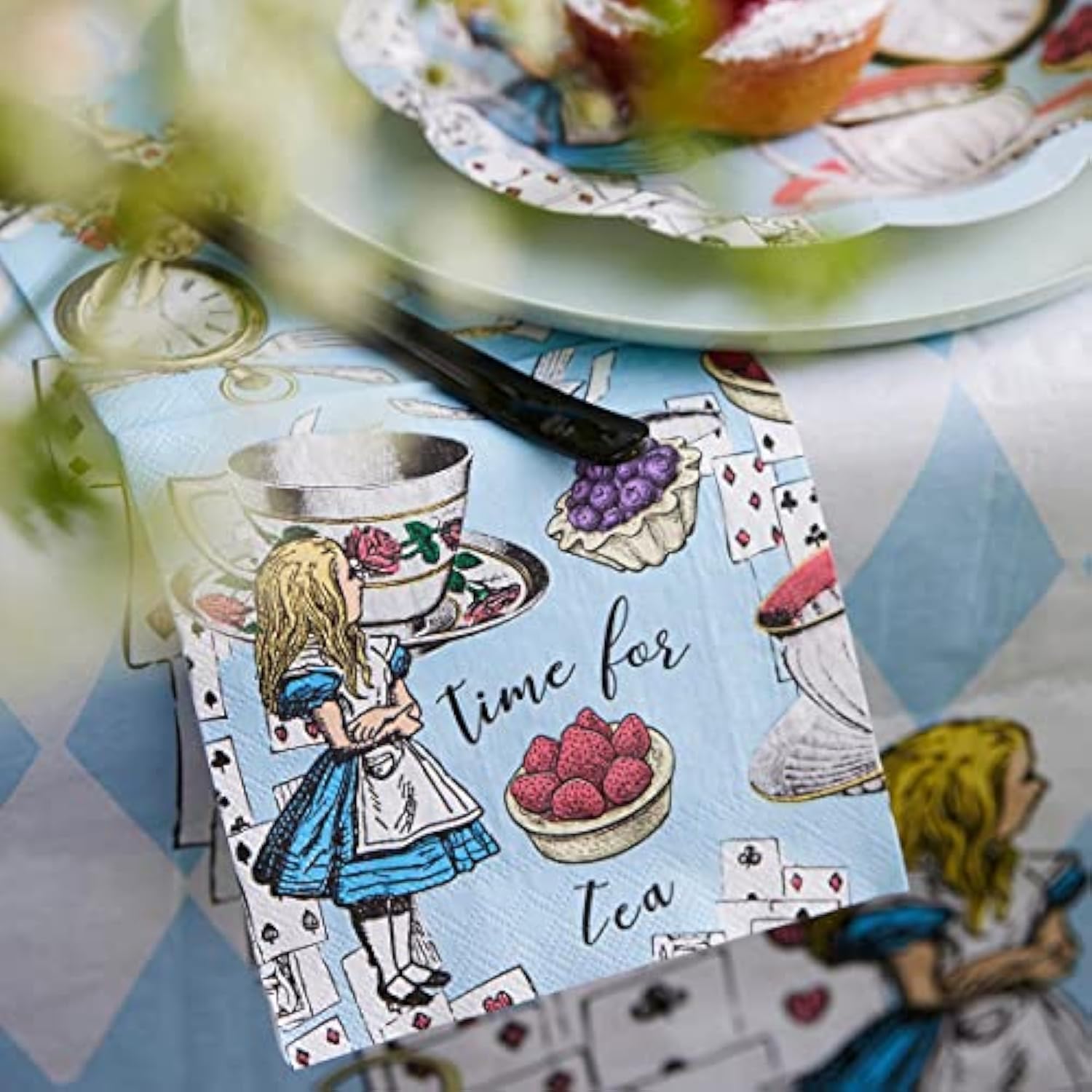 20 X Blue Alice In Wonderland Cocktail Napkins Disposable Serviettes Mad Hatter Themed Party Supplies For Afternoon Tea Party, Onederland Birthday, Mother'S Day, Baby Shower, Decoupage
