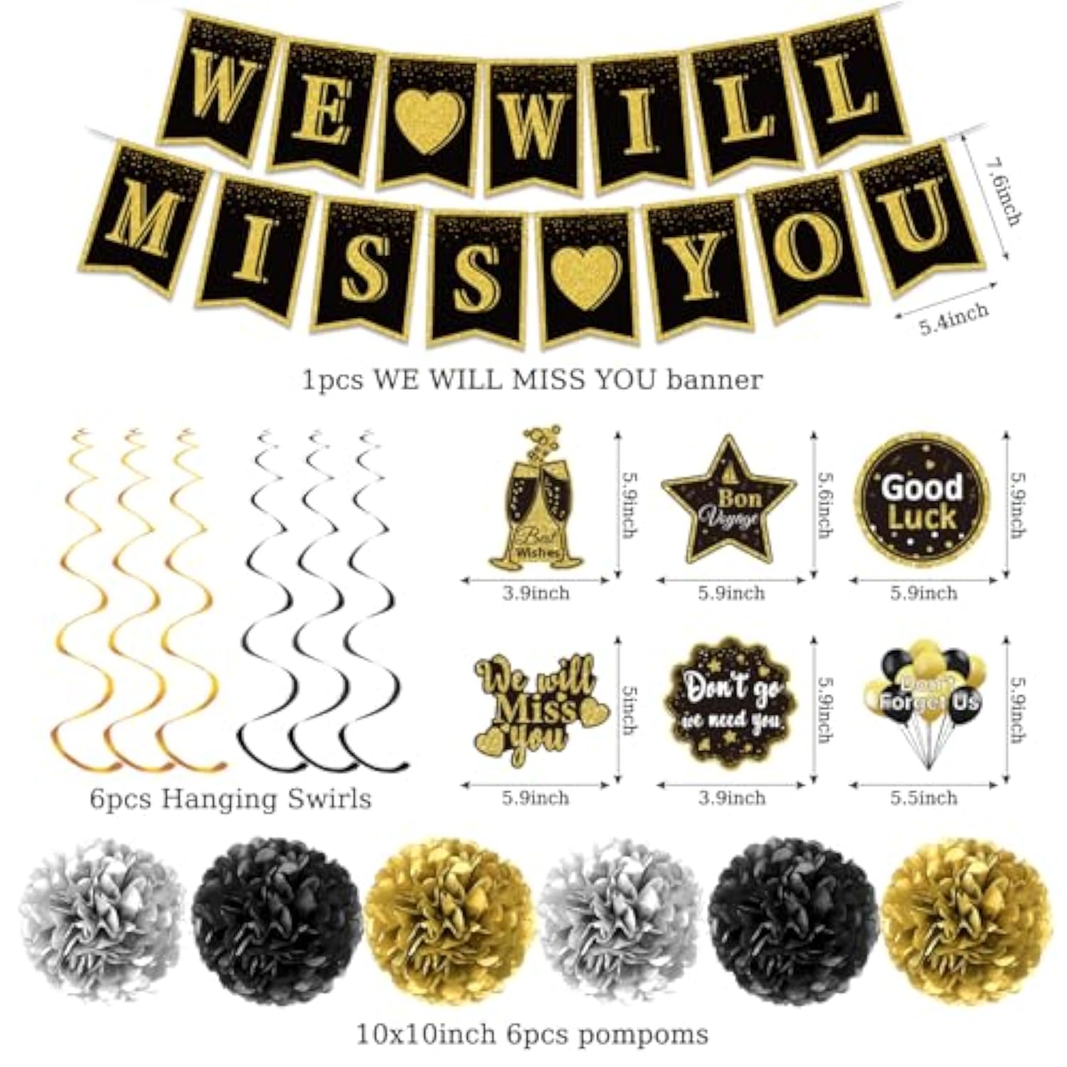 Farewell Party Decoration Kit: Black & Gold Banner, Swirls, Pompoms