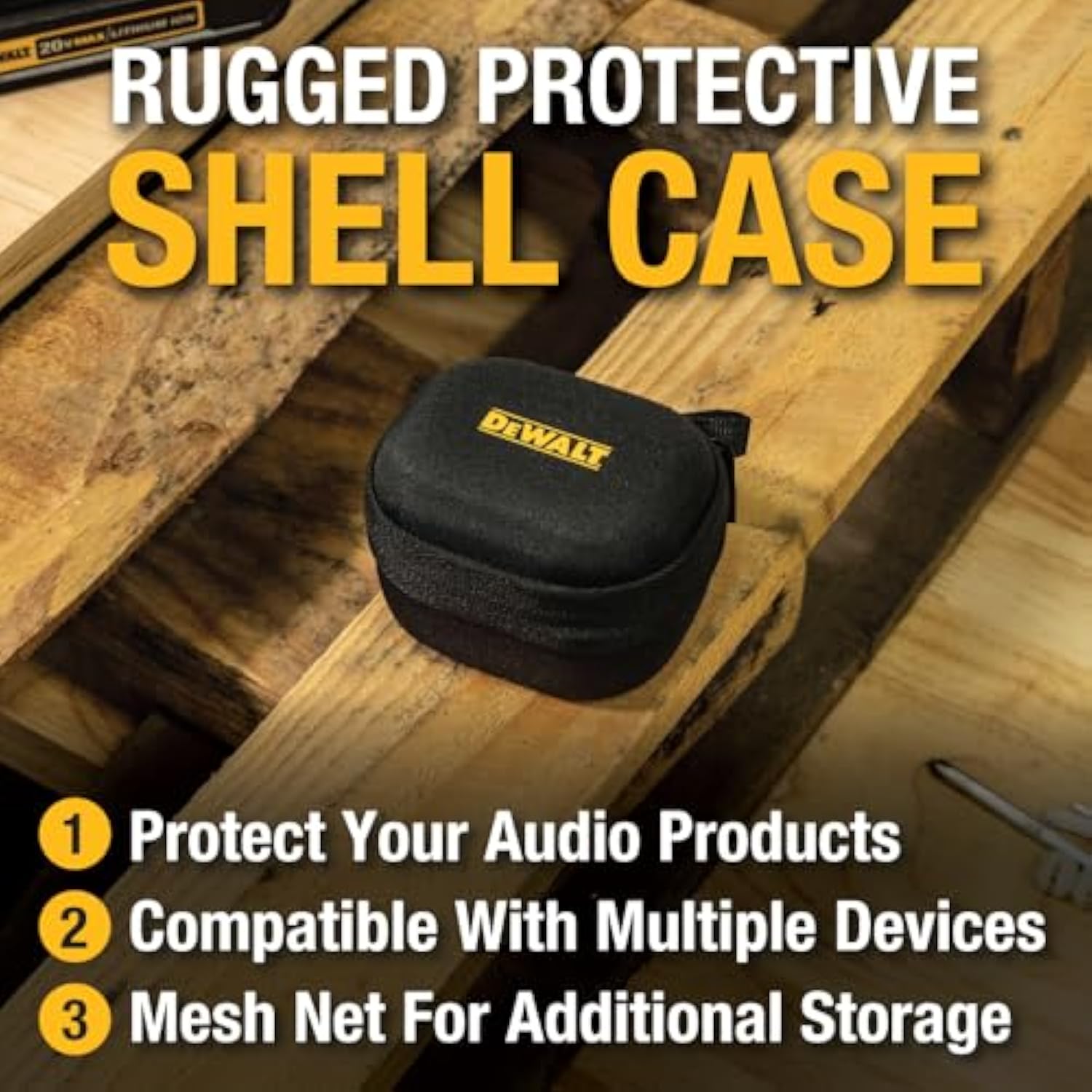 DEWALT Heavy Duty Protective Headphone Case for TWS Earbuds & Wearable Speaker, Compact Lightweight w/EVA Headphone Case Hard Shell, Shockproof, Water-Resistant, Soft Interior & Accessory Mesh Pocket