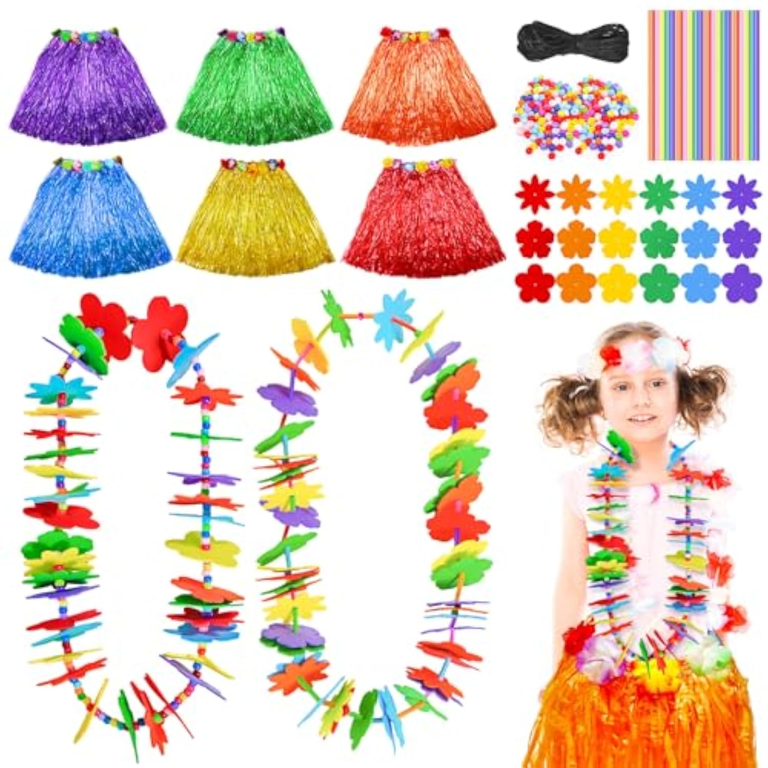 12 Pcs Hawaiian Lei Making Craft Kit,Foam Flower Necklace Eva Luau Crafts Diy Flower Necklaces With Hula Skirt Hawaiian Leis Bulk Decoration For Hawaiian Luau Summer Beach Party Decor