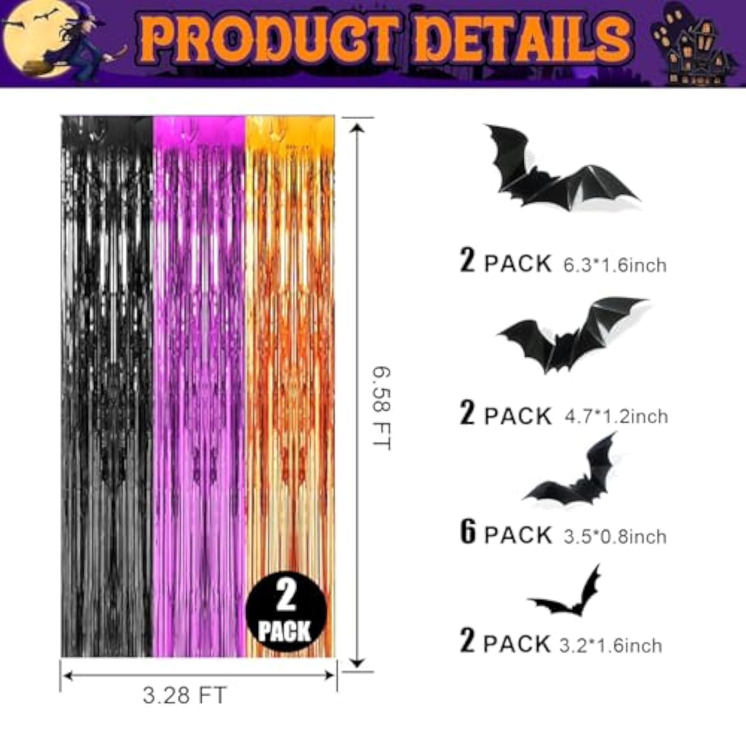 2 Pack Orange Black Purple Foil Fringe Curtains 3.3x6.6ft Backdrop with Bat Stickers