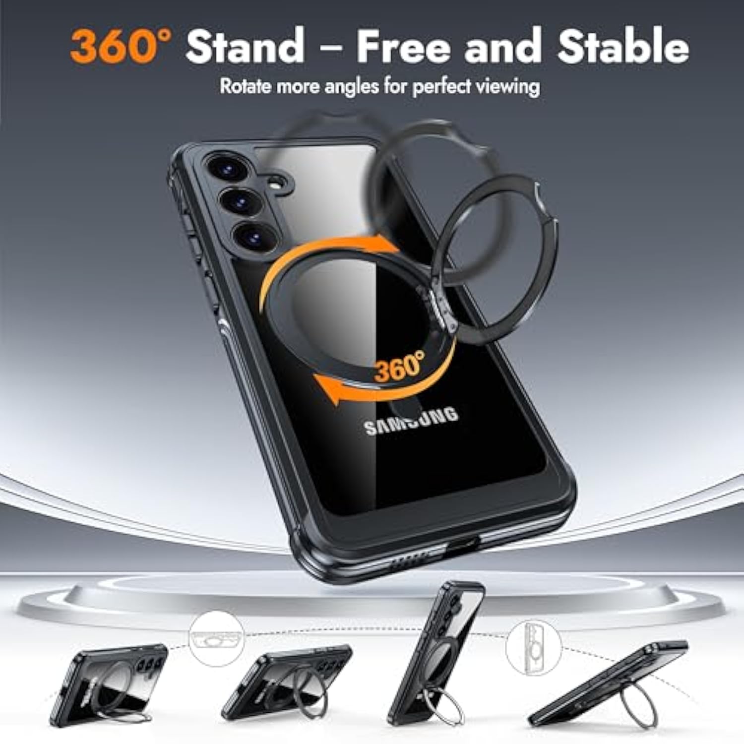 Magnetic Stand For Samsung Galaxy S25+ Case [Fit For Magsafe] [360°Rotatable Stand] [Built-In Tempered Glass Screen Protector] Full-Body Shockproof Military-Grade Protective Case Black
