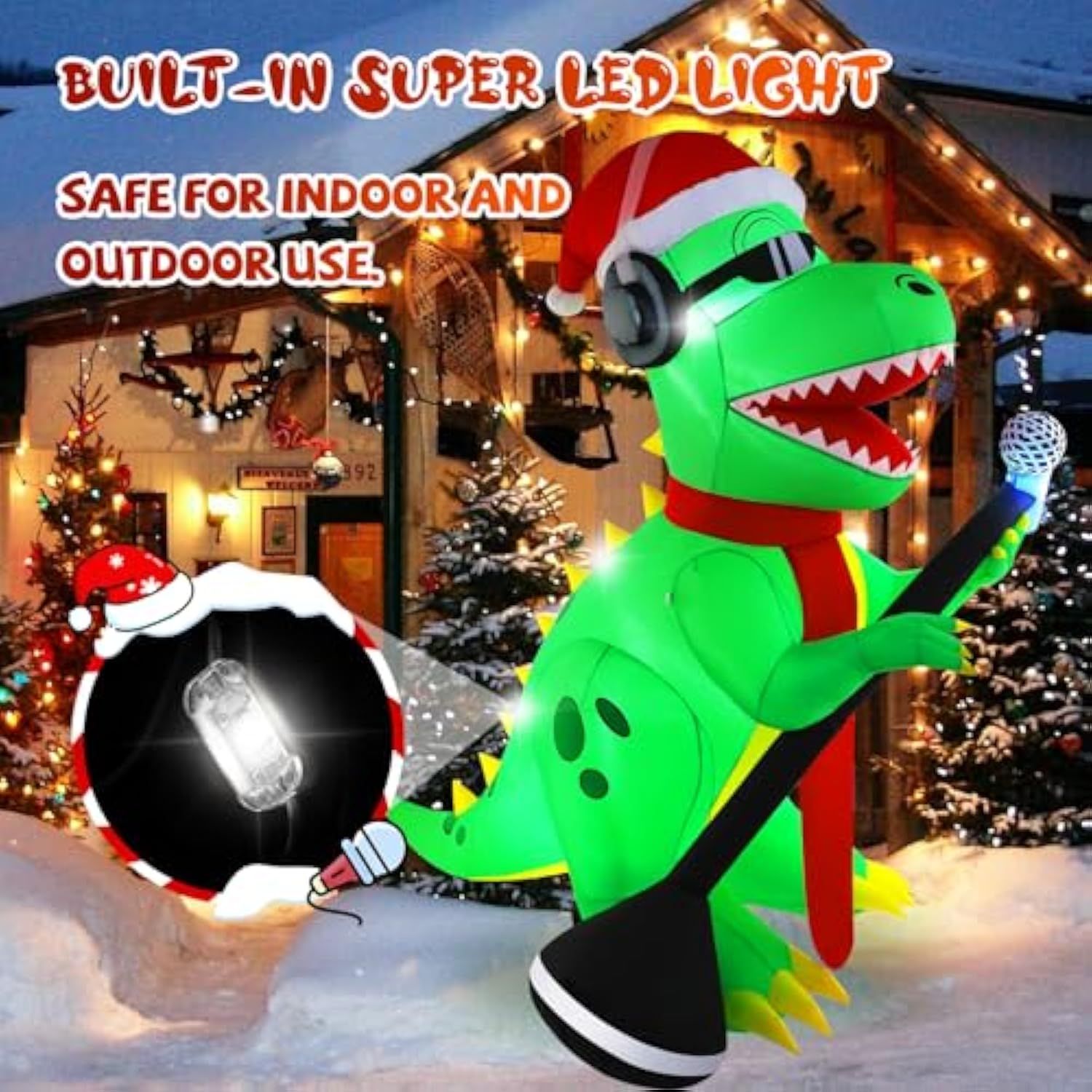 6.5Ft Christmas Inflatable Dinosaur Singing Outdoor Patio Decoration, Giant Dinosaur With Built-In Bright Led Lights For
