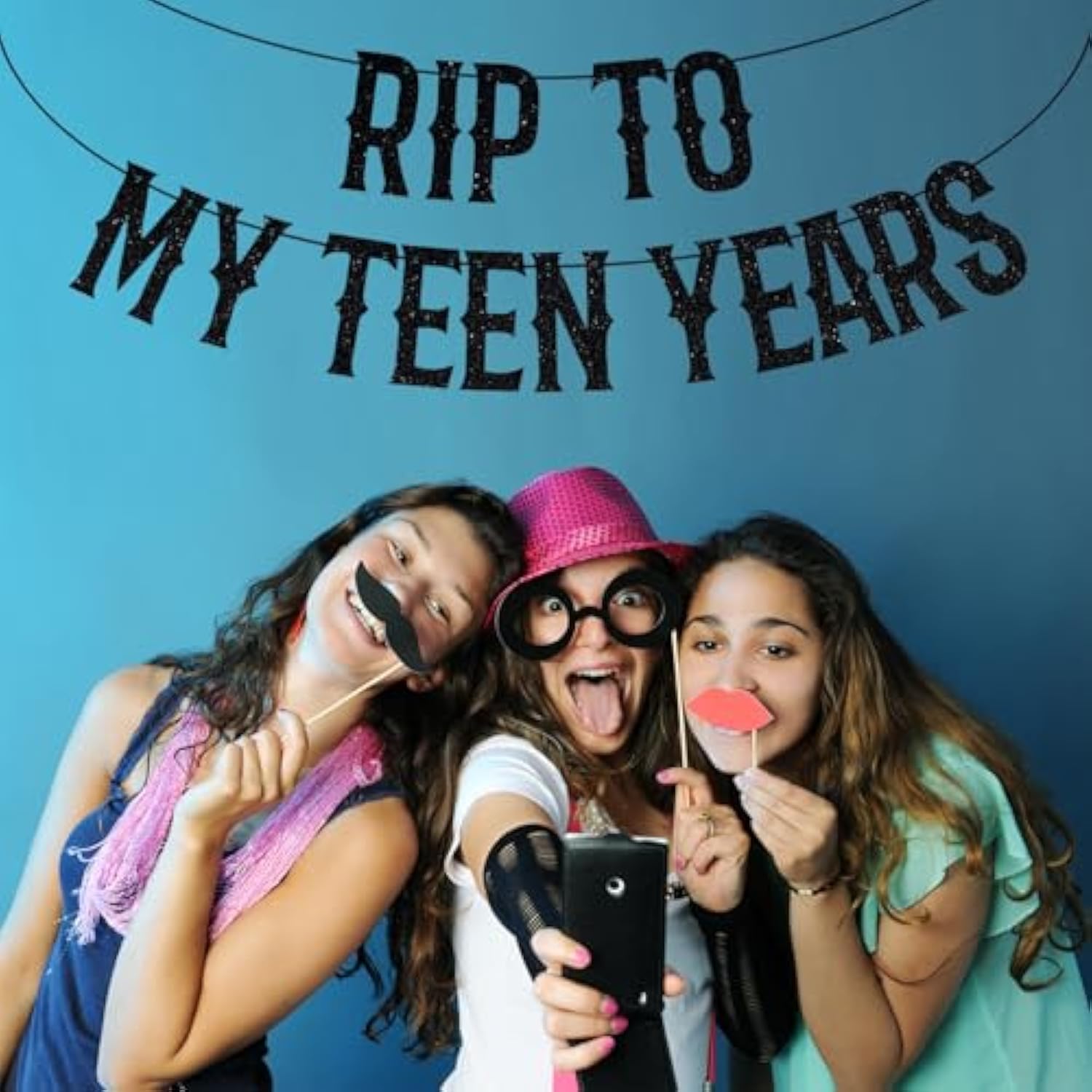 Black Glitter Rip To My Teen Years Banner, Kissing My Teens Goodbye/Cheers To 20 Years, Old English Funeral Youth Themed 20Th Birthday Party Decorations Supplies