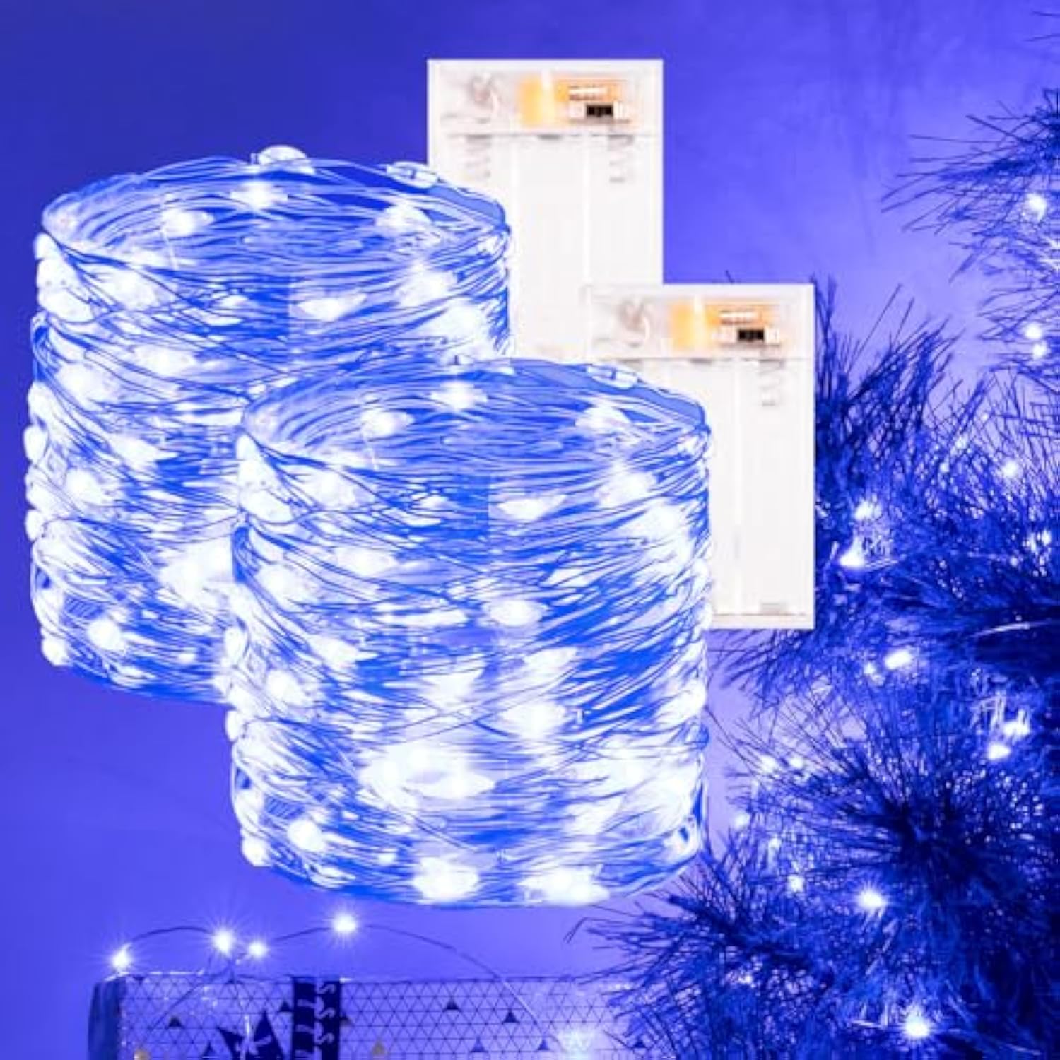 2Pack Blue Fairy Lights Battery Operated With Timer, Waterproof 33Ft 100Led String Lights Indoor Outdoor For Bedroom, Ch