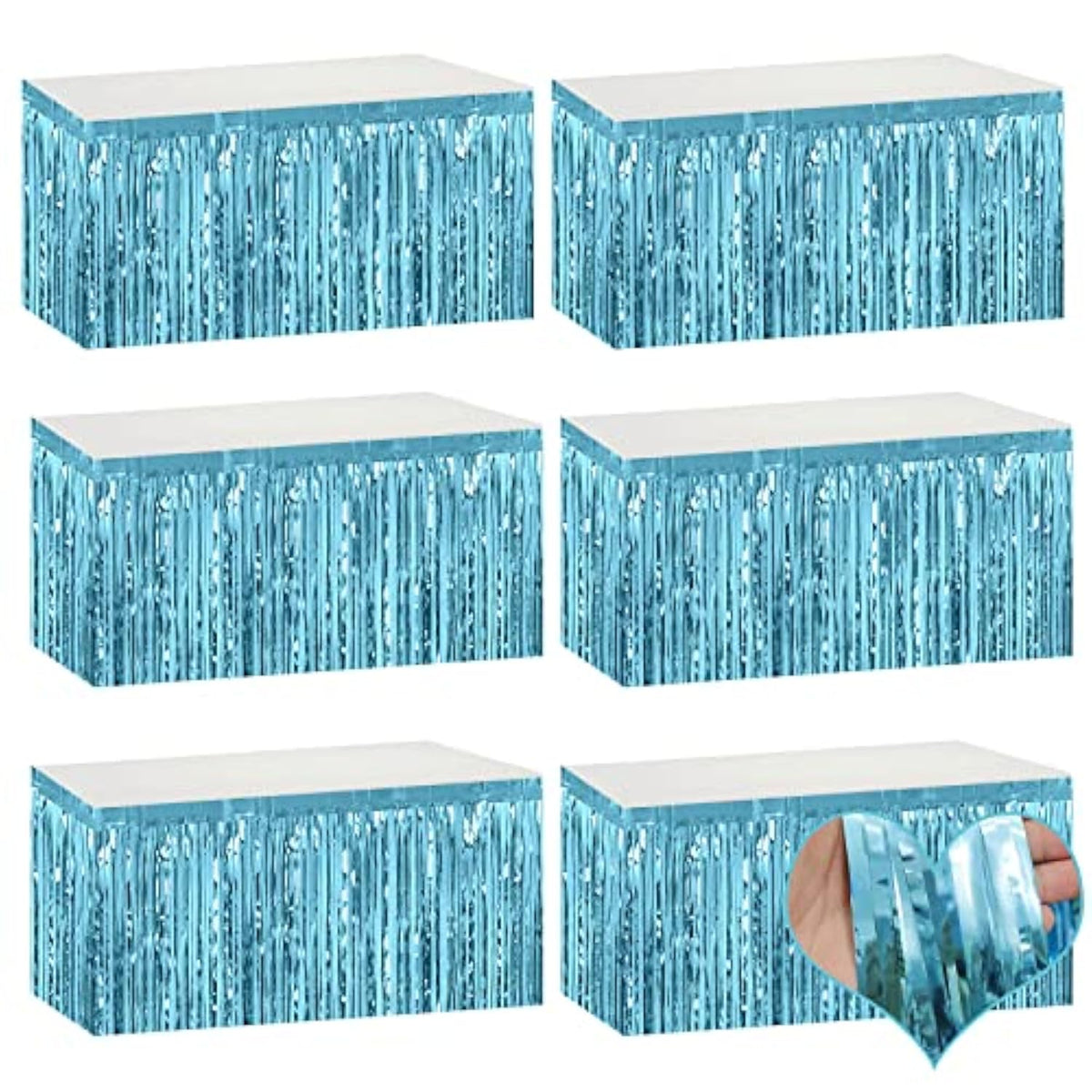 6 Pack 29X108 Inch Light Blue Metallic Foil Fringe Table Skirts Banner For Tinsel Streamer Garland Curtains Backdrop For Parade Floats Wedding Baby Shower Birthday Christmas Halloween Party Decoration