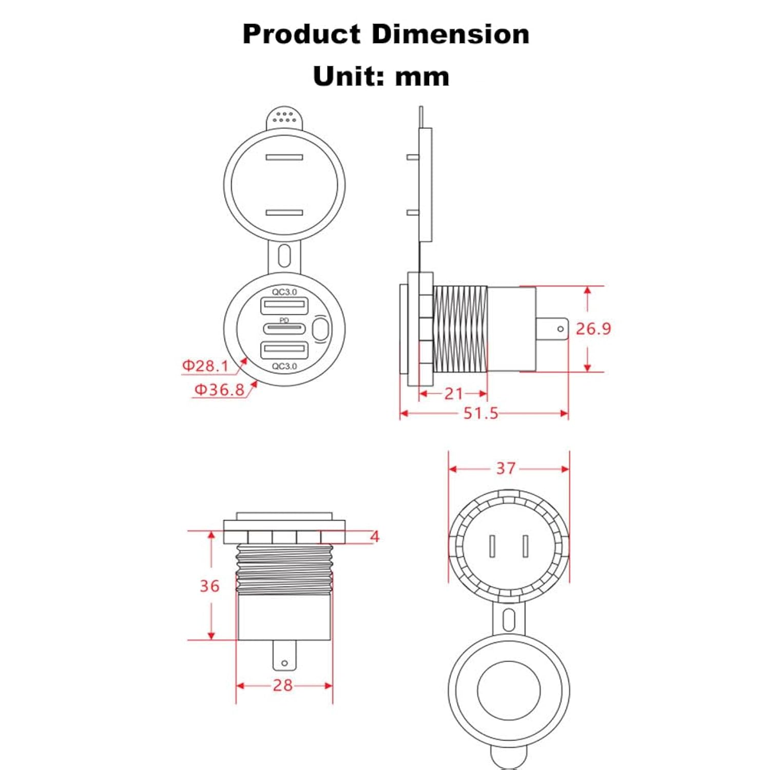 3 Ports 18W Usb Car Charger With Switch, 12-24V Dual Qc 3.0 Usb & Pd Usb C Cigarette Lighter Socket Outlet, Dashboard Mount Quick Charge Charger For Car Truck Marine Boat, Green Light
