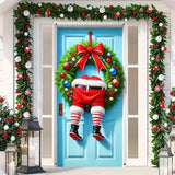 Christmas Door Cover Christmas Wreath Santa Claus Legs Hanging Banner Backdrop Photography Background Door Hanging Cover Door Cover Banner Winter New Year 71X35?Banner, Not A Real Wreath?