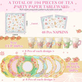 194 Pcs Tea Floral Party Supplies Include 9 Oz Paper Tea Cups With Handle, 6 Paper Plates Napkins Banner, Plastic Tablecloth Forks, 48 Guests Disposable Floral Tableware Set For Wedding