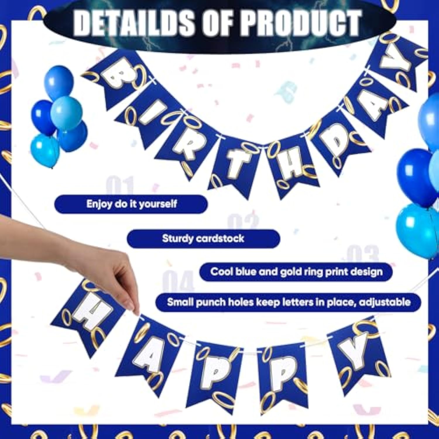 Blue & Gold Birthday Decor Happy Birthday Banner & Cartoon Backdrop for Kids