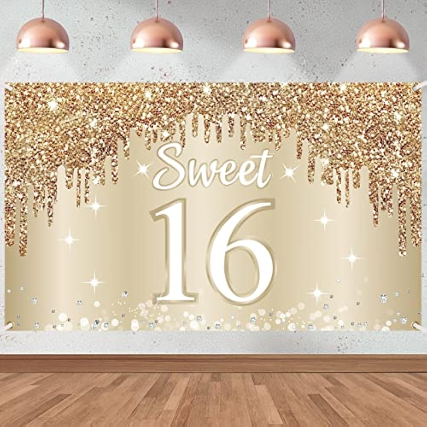 Happy Sweet 16Th Birthday Banner Backdrop Decorations For Girls, Gold