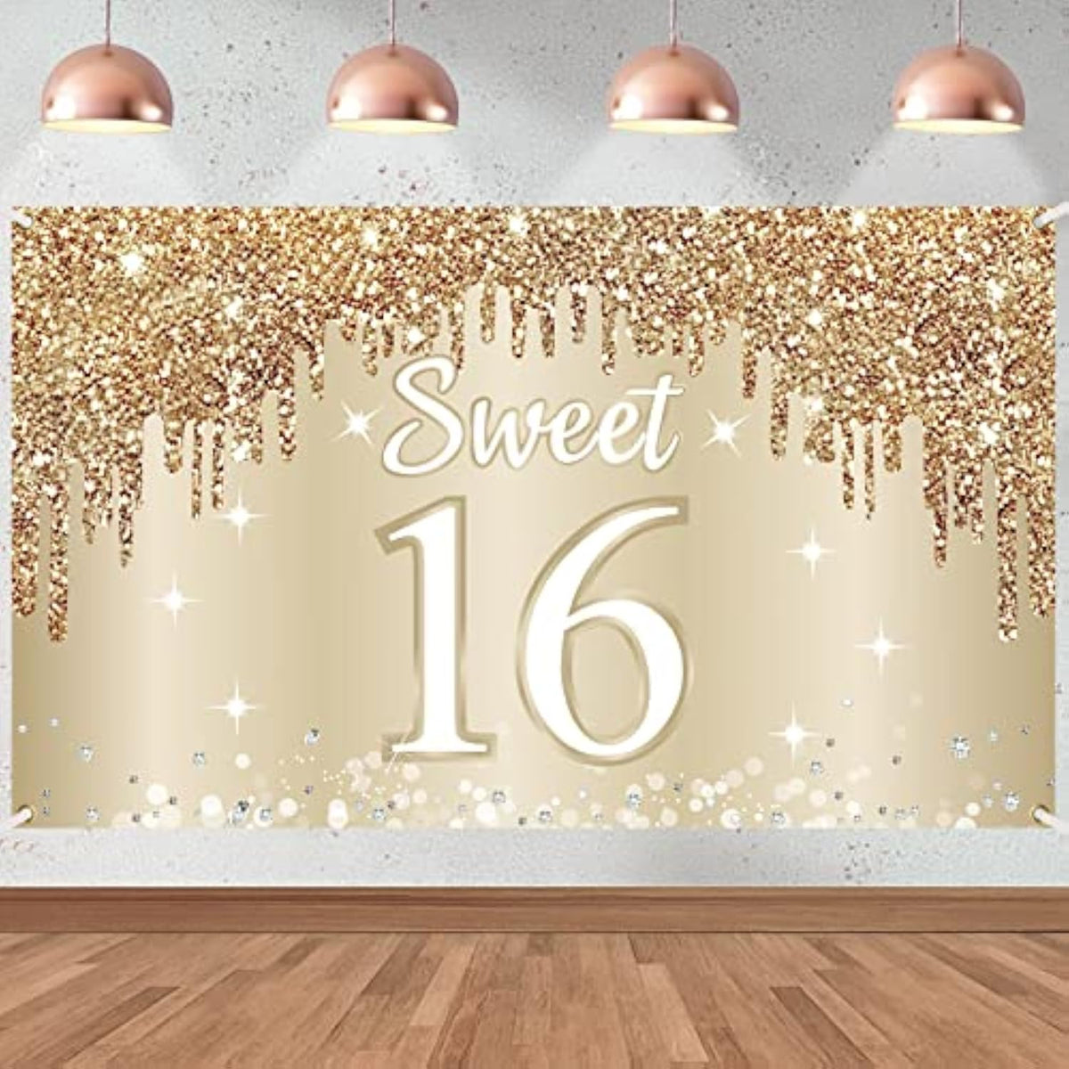Happy Sweet 16Th Birthday Banner Backdrop Decorations For Girls, Gold White Sweet 16 Birthday Sign Party Supplies, Sixteen Year Old Birthday Photo Booth Background Poster(72.8 X 43.3 Inch)