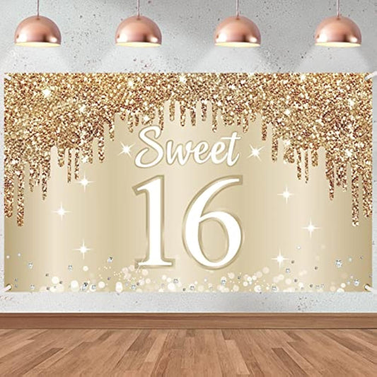 Happy Sweet 16Th Birthday Banner Backdrop Decorations For Girls, Gold