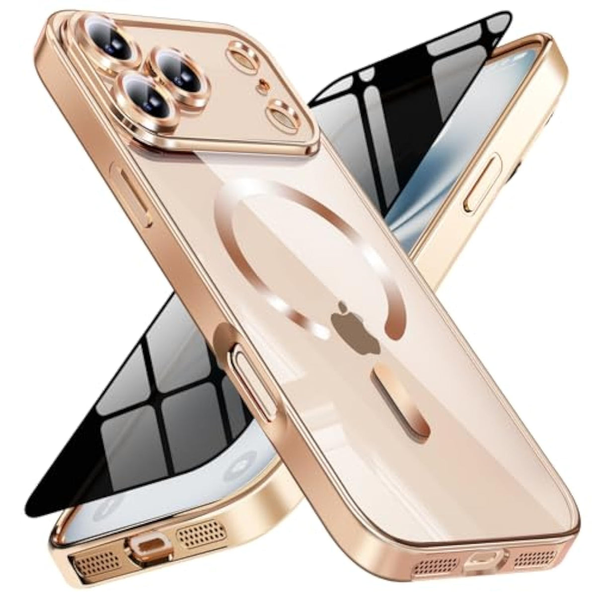 Magnetic For Iphone 17 Pro Max Case With Privacy Screen Protector & Full Camera Cover,[Non-Yellowing] Shockproof Clear Phone Case Compatible With Magsafe Women Girls For Iphone 17 Promax,Gold