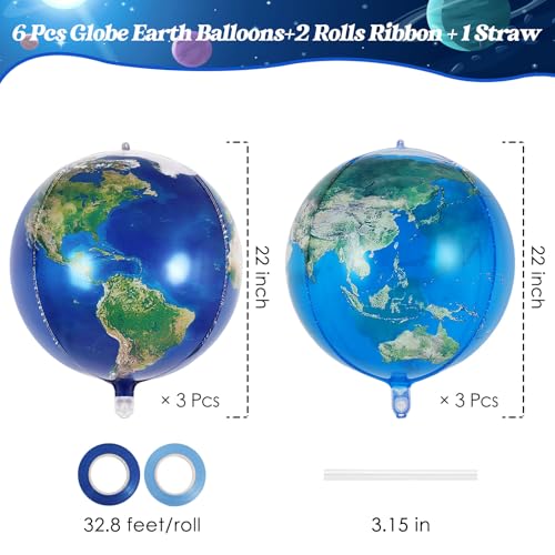 6 Pcs Planet Balloons, Large Earth World Map Foil Balloon, 2 Styles Globe Round Sphere Balloons for Birthday Earth Day Travel Adventure Themed Party Decorations Supplies