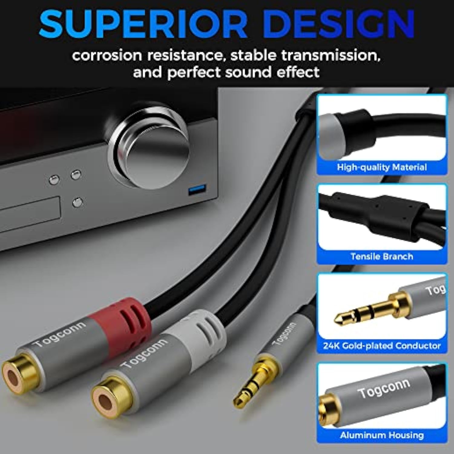 3.5Mm To 2 Rca Cable, [24K Gold Plated] Stereo Rca Y Splitter 3.5Mm Male To 2R
