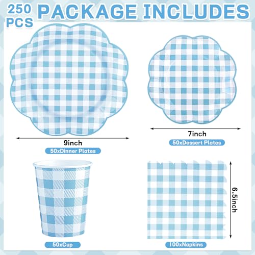 250 Pcs Blue Gingham Party Supplies, Scalloped Blue and White Checkered Tableware Set Includes Disposable Plates Napkins and Cups for Wedding Birthday Picnic Baby Bridal Shower