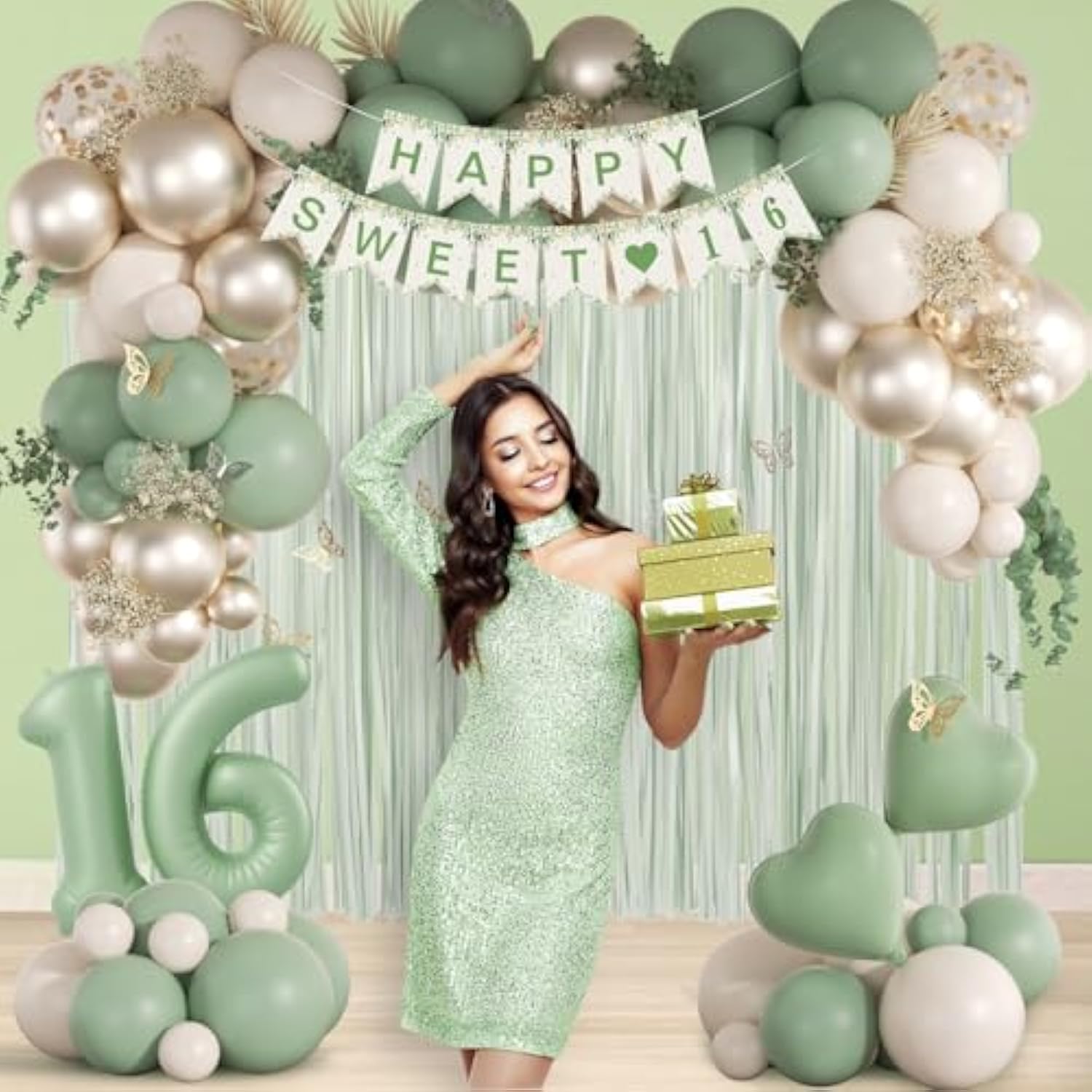 73Pcs Sweet 16 Party Decorations, 16 Birthday Decorations For Girls With 16Th Birthday Banner 16 Balloon Number Fringe Curtain Sage Green Sand White Gold Balloons For Sweet 16 Birthday Decorations