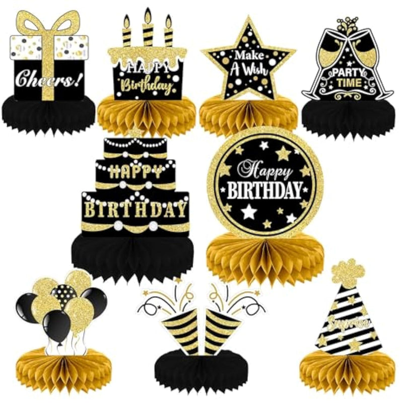 9 Pieces Black Gold Birthday Decorations Birthday Centerpieces For Tables Decorations Happy Birthday Honeycomb Table Topper Happy Birthday Decorations For Men And Woman Birthday Party Supplies
