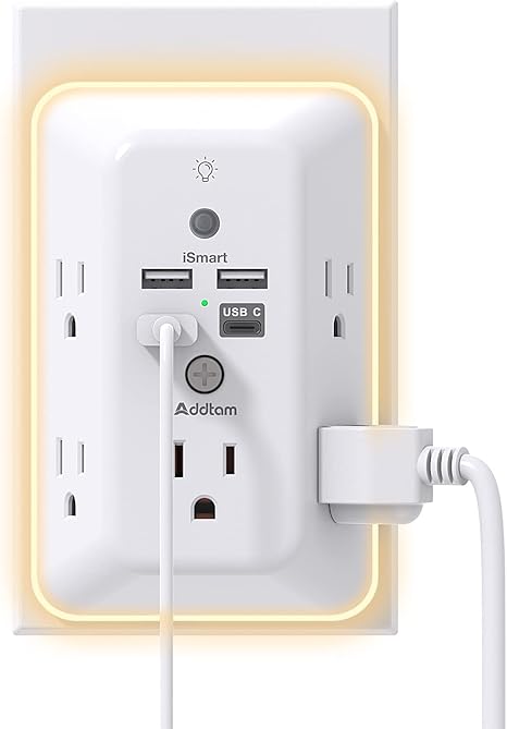 Surge Protector Outlet Extender 5 Outlets 4 USB Ports Night Light 1050J Wall Adapter White