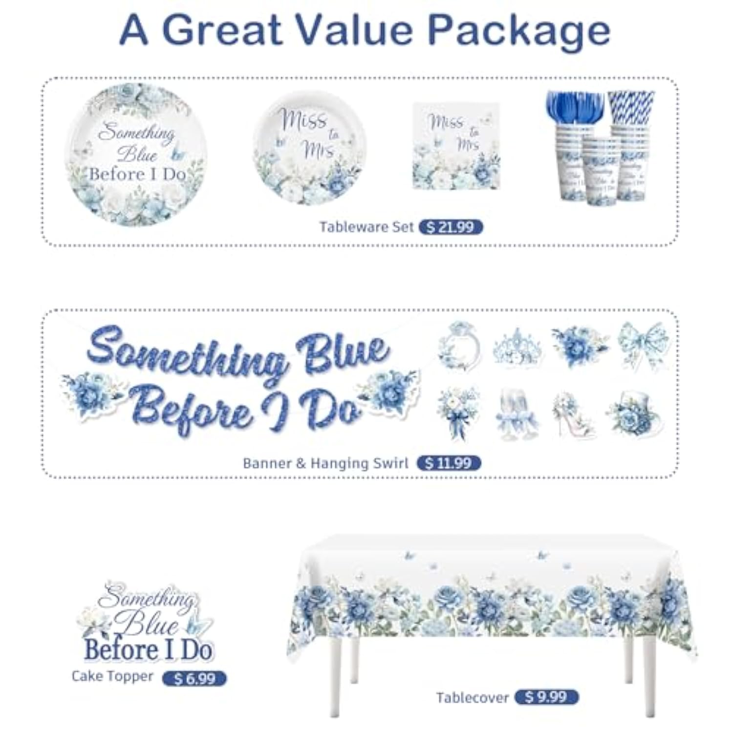 171Pcs Something Blue Before I Do Bridal Shower Decorations, With Pre-Threaded Banner 40 Thickened Plates And 2 Tablecloths, 20-Pack Disposable Paper Tableware For Blue Bridal Shower