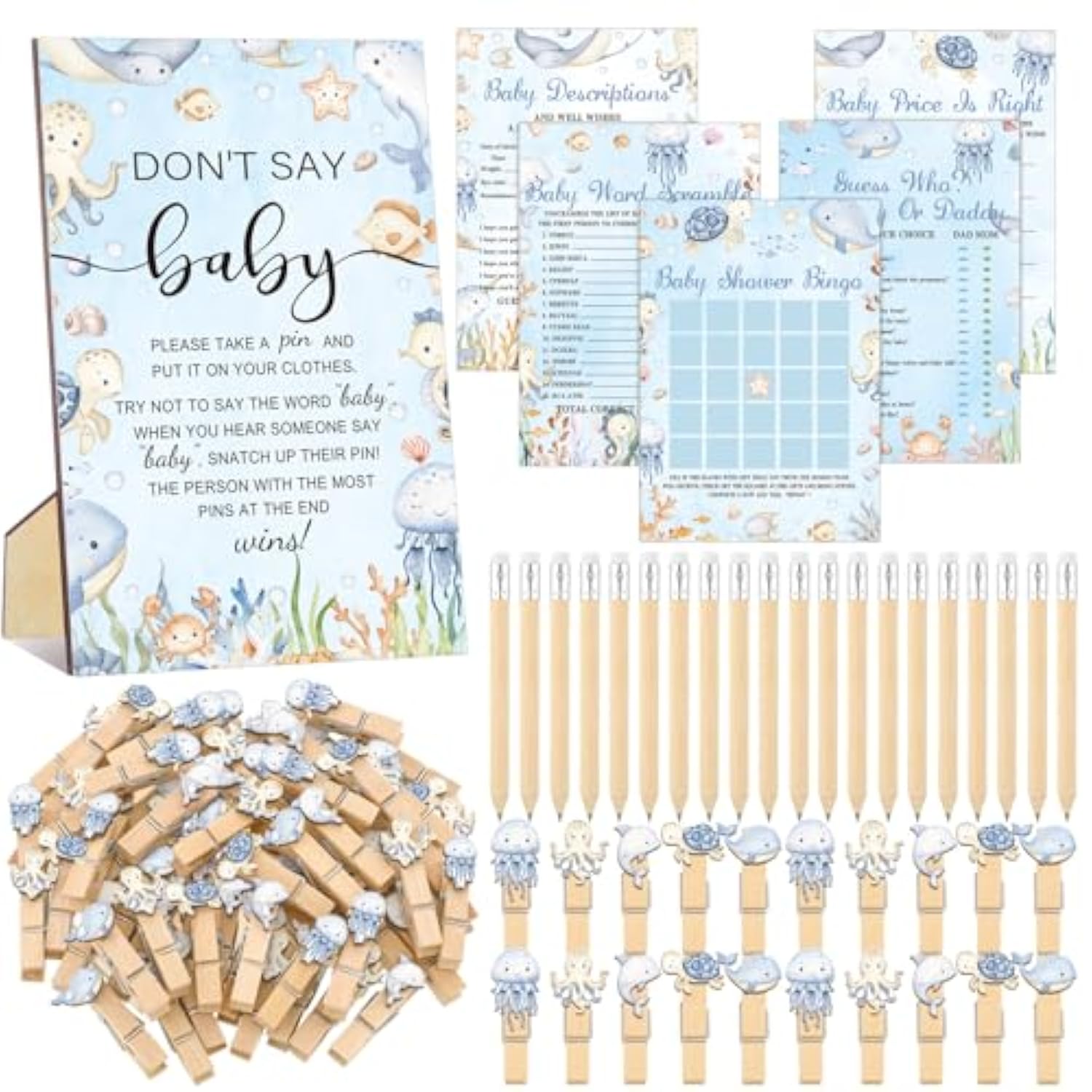 321 Pcs Baby Shower Games Supplies, 5 Sets (50 Cards Each) Activities Cards With 20 Pencils 1 Don'T Say Baby Sign 50 Clothespin (Under The Sea)