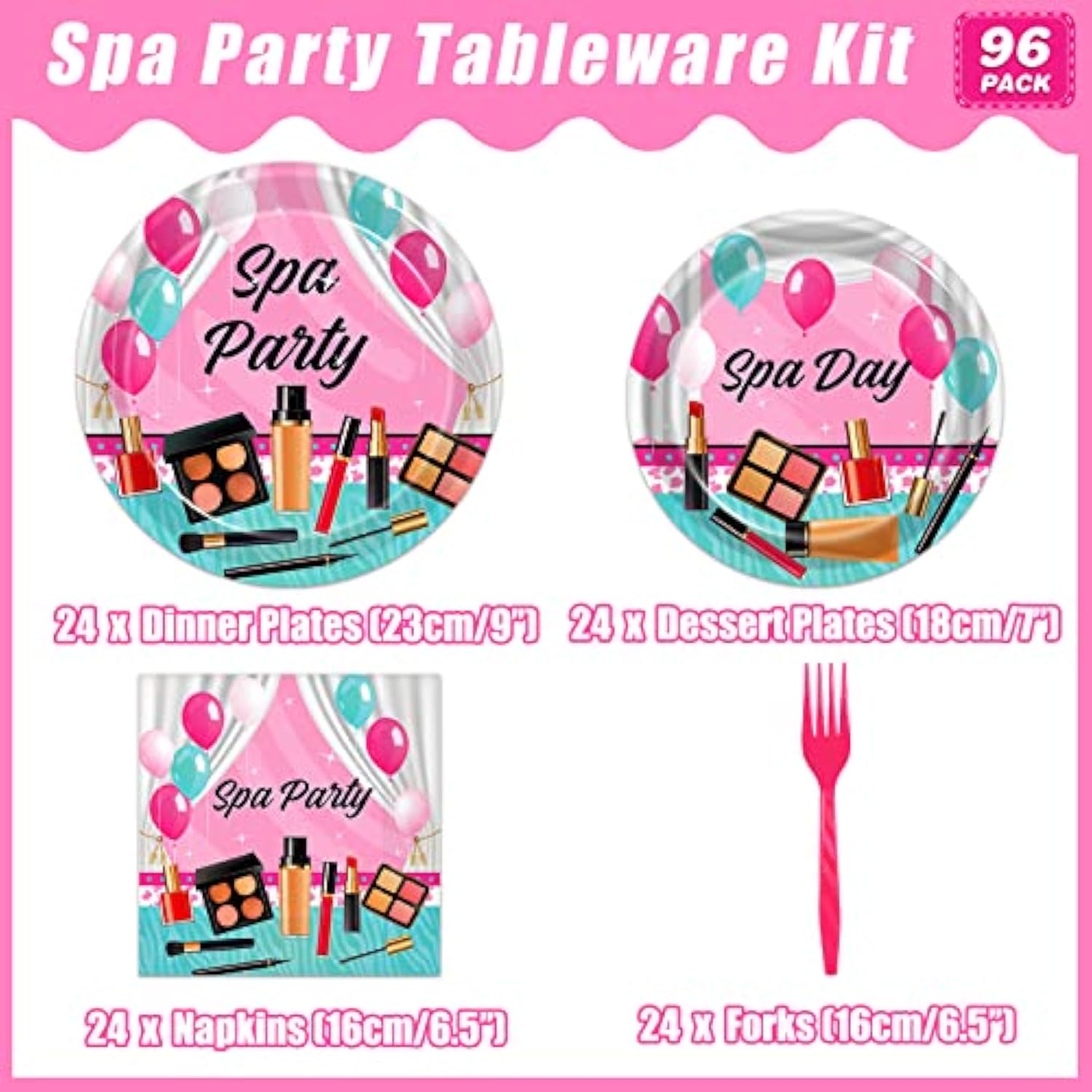96 Pcs Spa Party Tableware Set, Pink Makeup Theme Birthday Supplies for 24