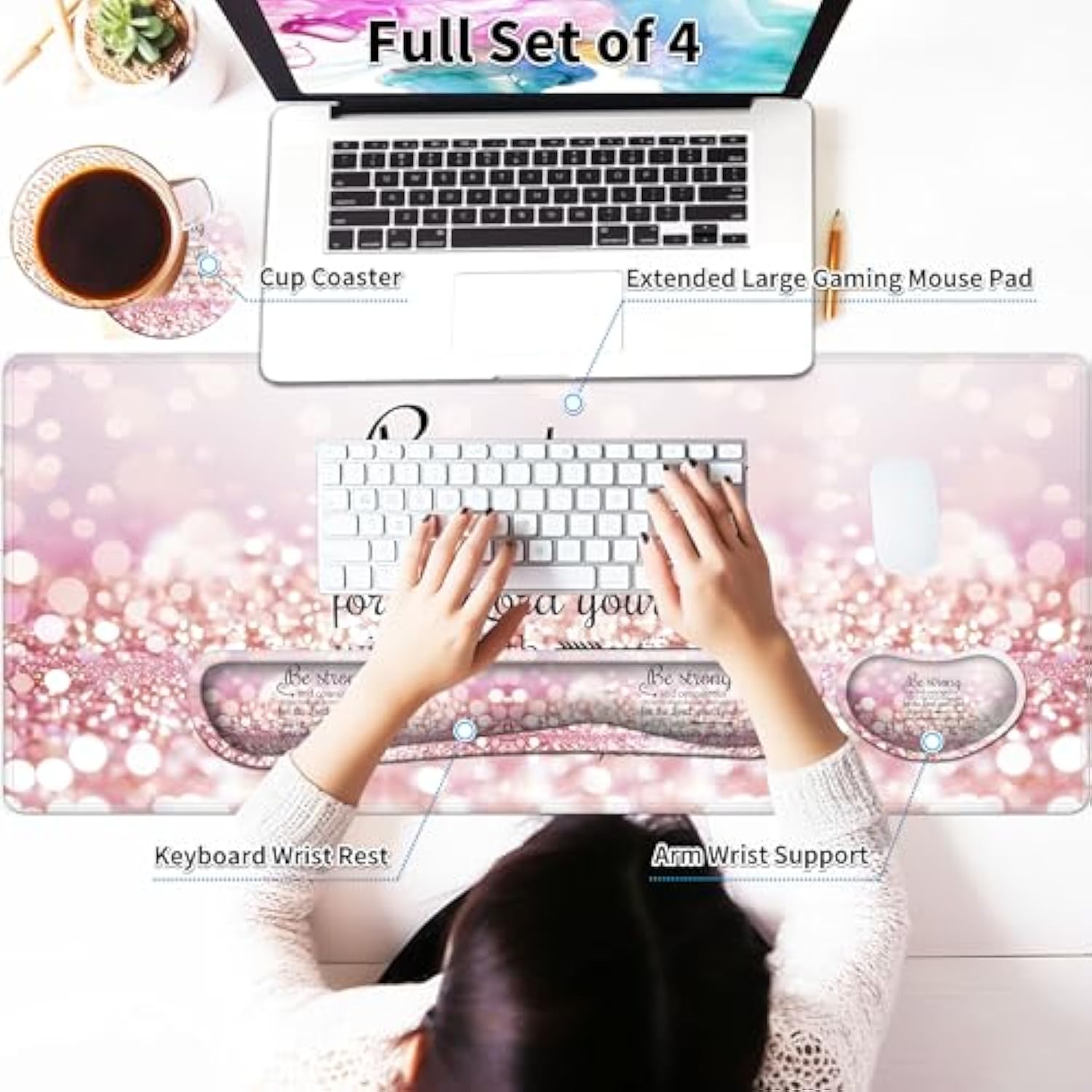 Large Gaming Mouse Pad Set 35.4 X 15.7 With Keyboard Wrist Rest, Wrist Support, And Coaster Memory Foam Smooth Desk Pad Mousepad For Home Office School - Quote Bible