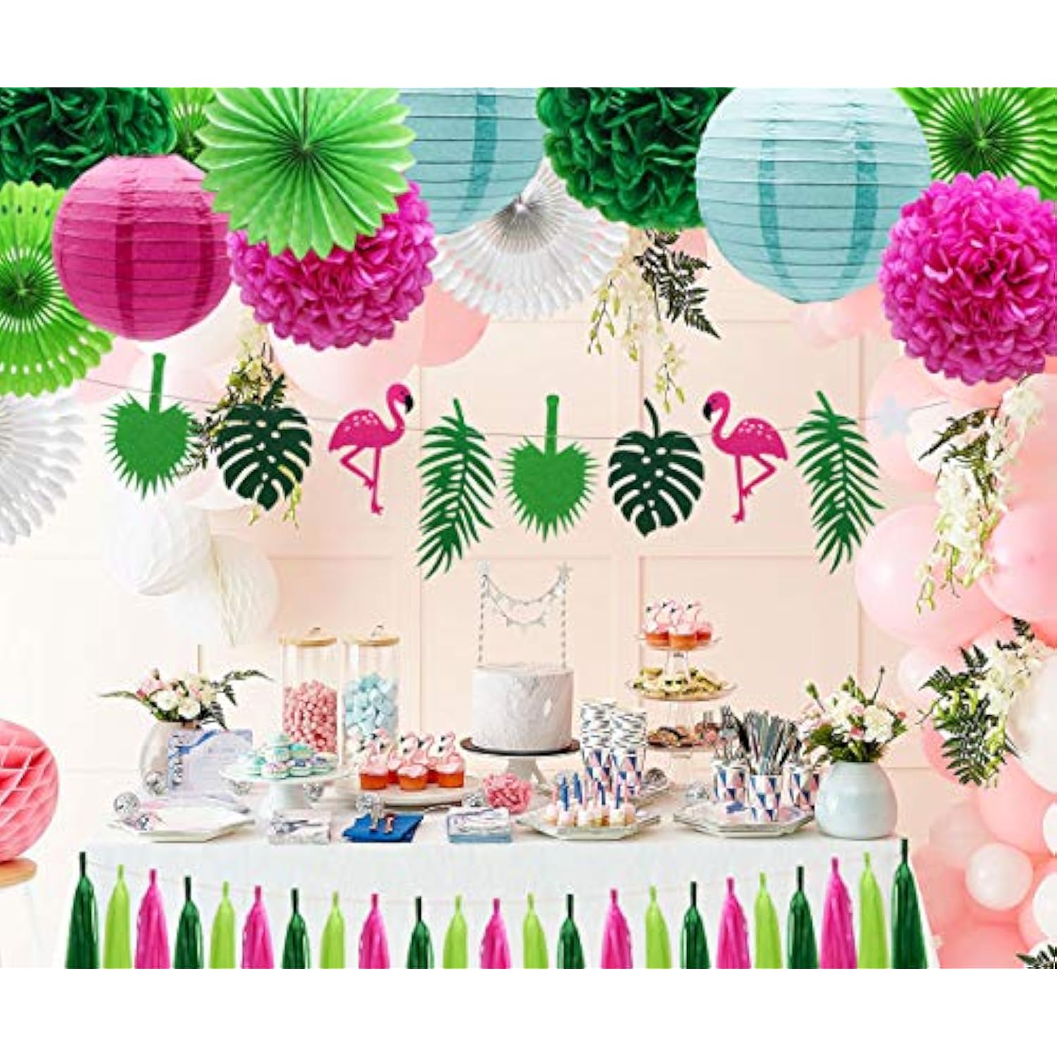 Tropical Flamingo Palm Leaf Banner Party Decorations, Hanging Paper Fans Paper Lanterns Pom Poms Flowers Tissue Tassels For Birthday Baby Shower Summer Hawaiian Party Bachelorette