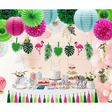 Tropical Flamingo Palm Leaf Banner Party Decorations, Hanging Paper Fans Paper Lanterns Pom Poms Flowers Tissue Tassels For Birthday Baby Shower Summer Hawaiian Party Bachelorette